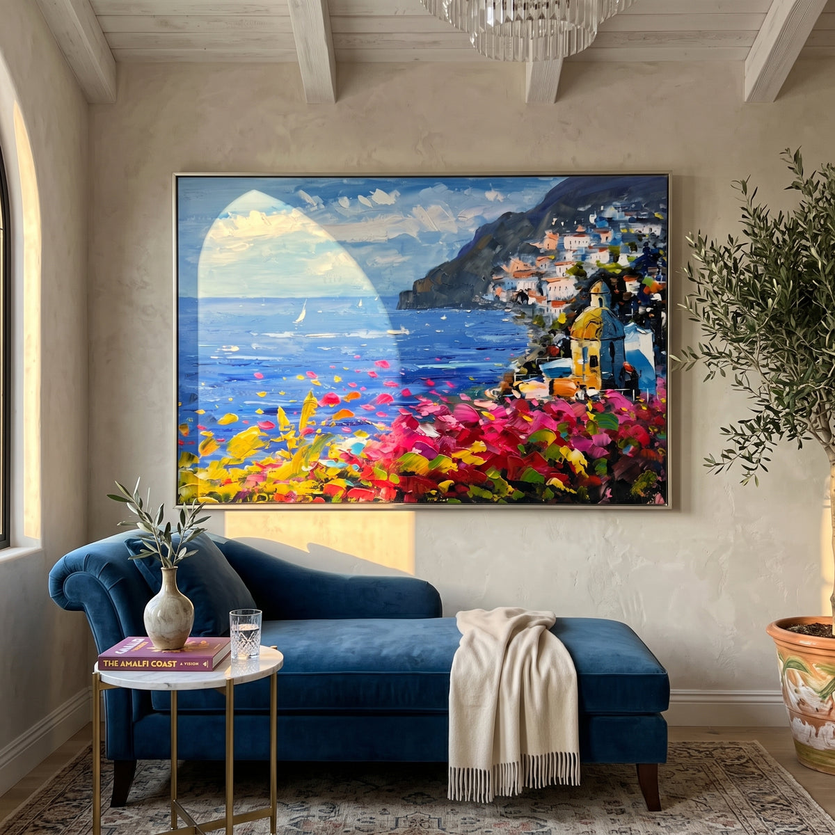 Cliffside bay painting above a living room fireplace with marble surround