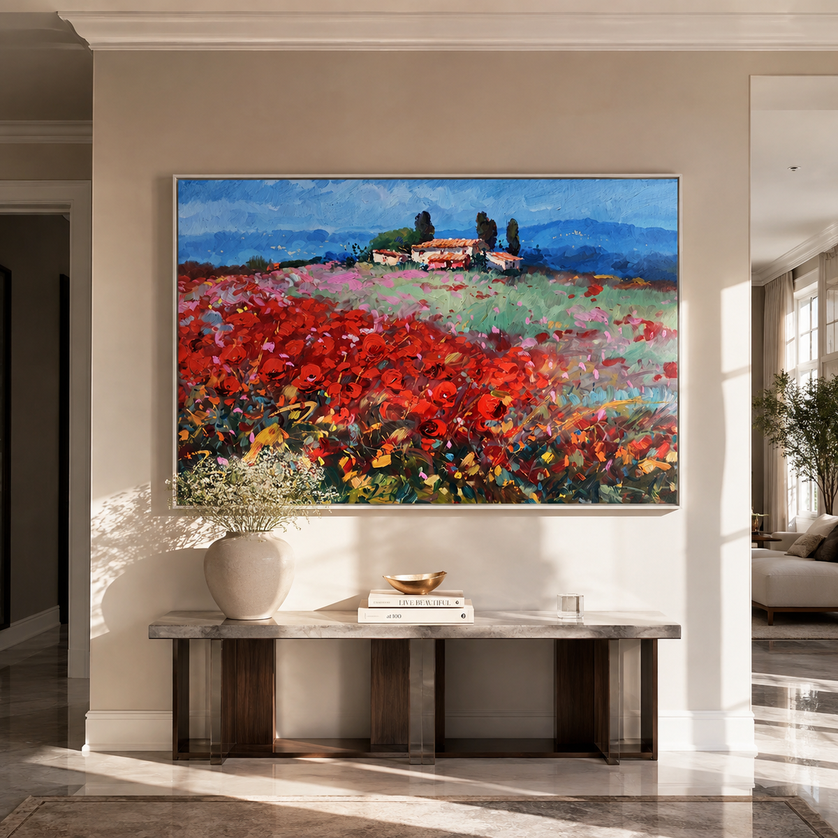 Poppy field landscape canvas displayed above a dining room console table