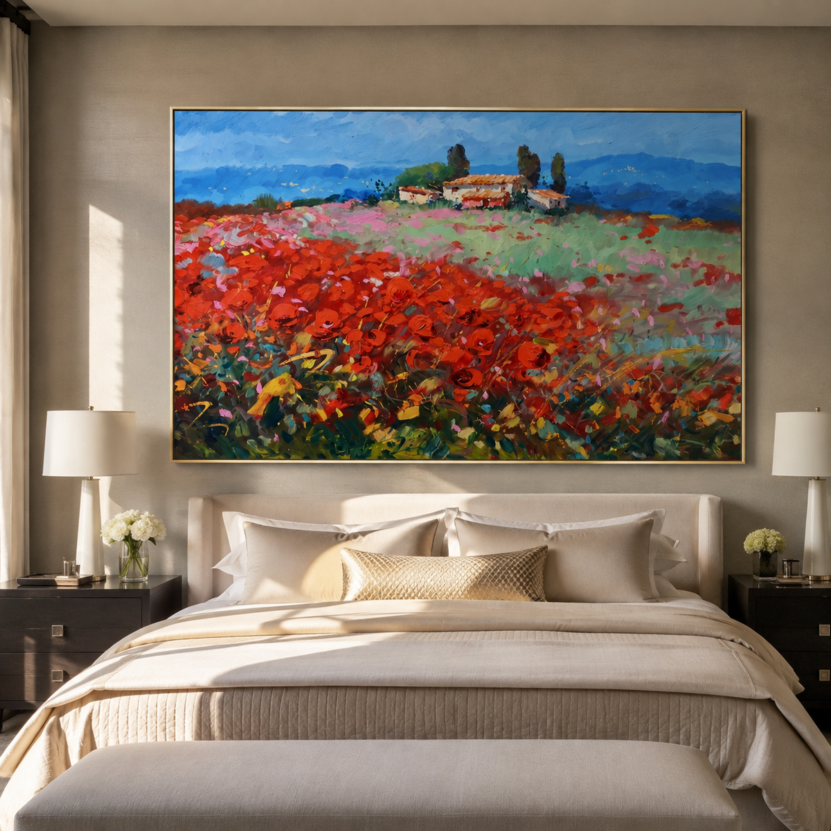 Textured poppy field painting hung above a bedroom headboard with cream bedding