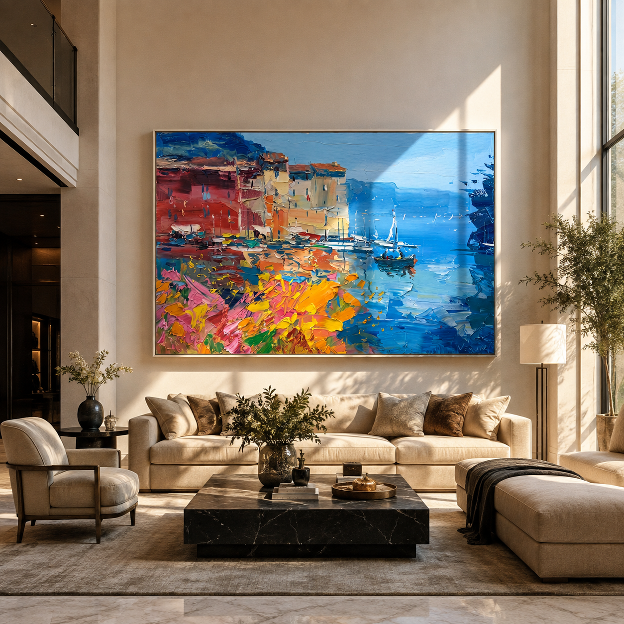 Blue and orange coastal painting hung above a living room sofa