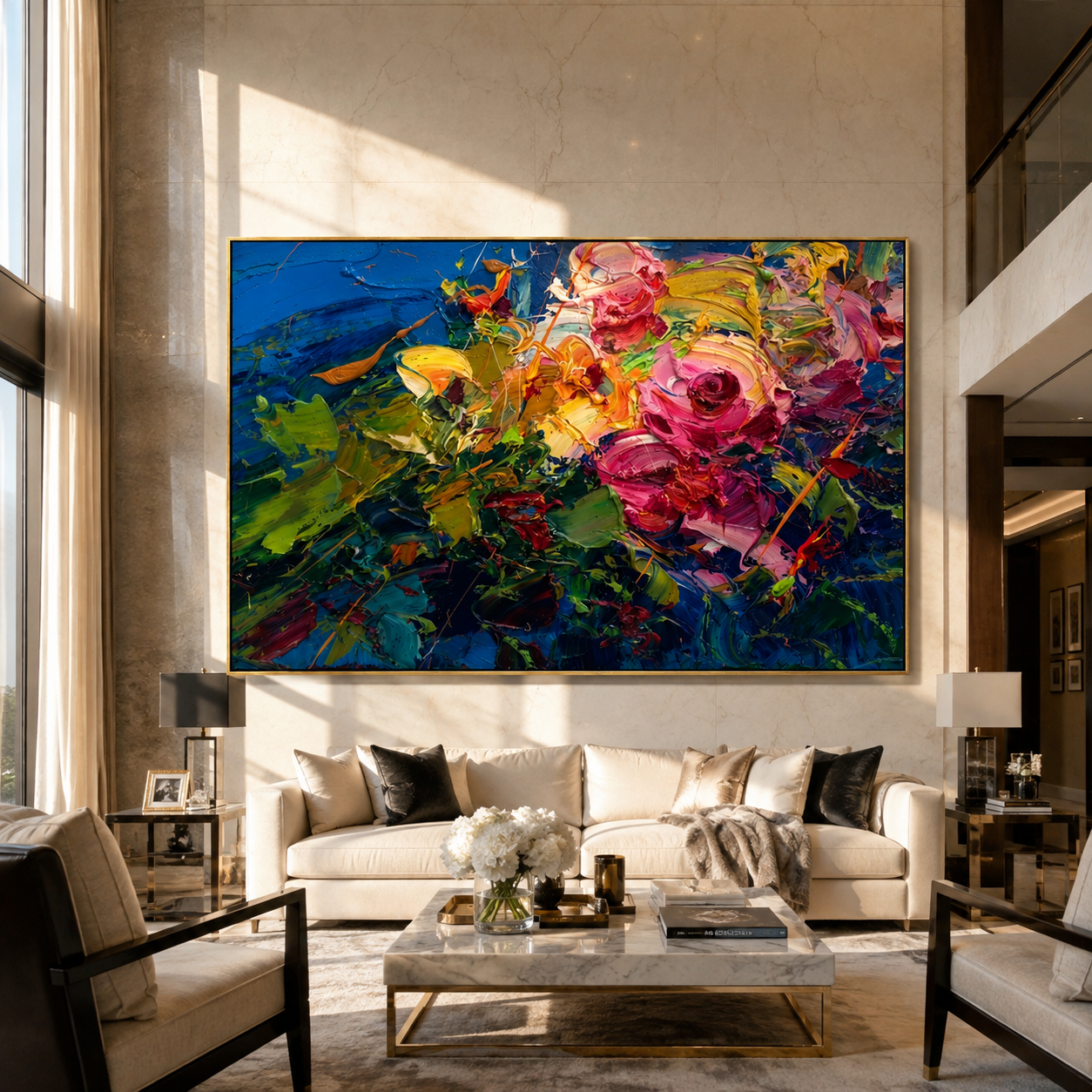 Midnight Rose Bouquet – pink and blue abstract floral painting, horizontal hand-painted canvas art