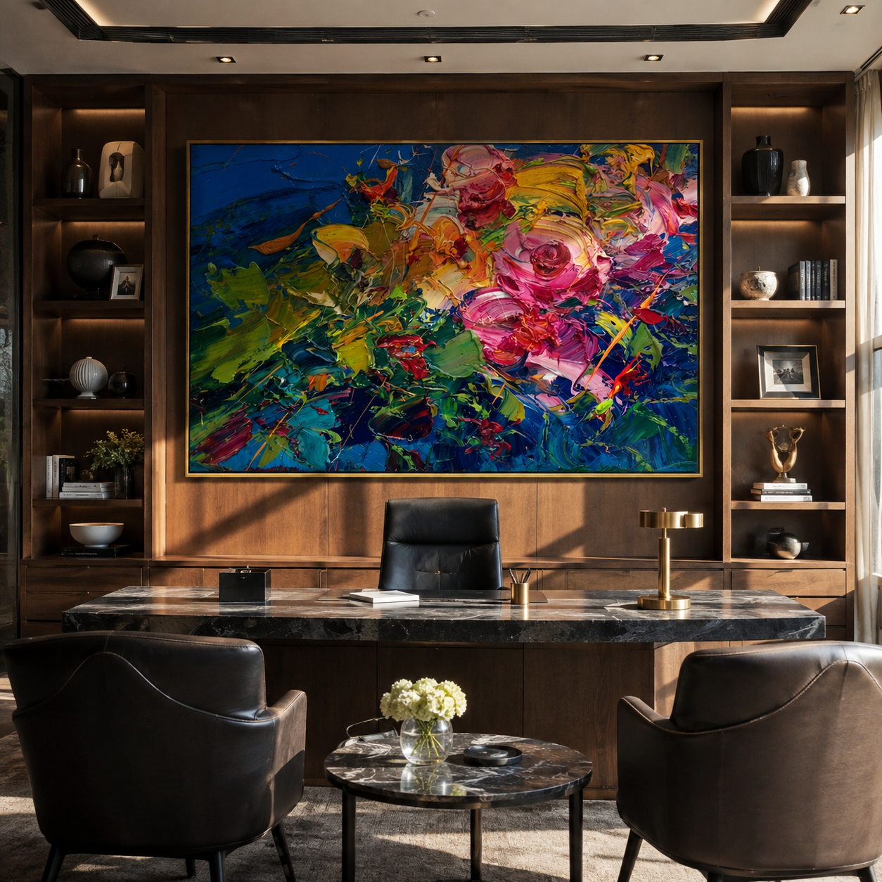 Jewel-toned floral painting displayed behind a desk in a wood-paneled office