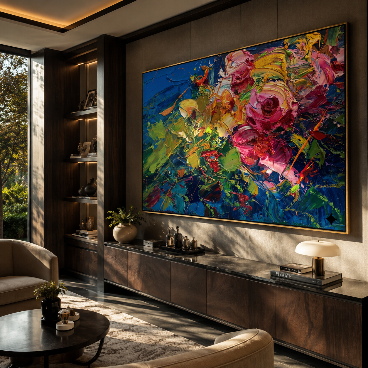 Textured rose bouquet painting hung in a dark modern living room