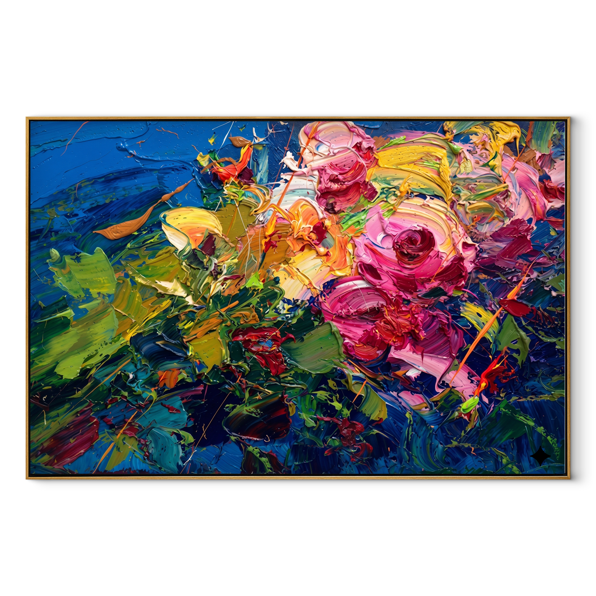 Midnight Rose Bouquet painting in a wood frame on a white background