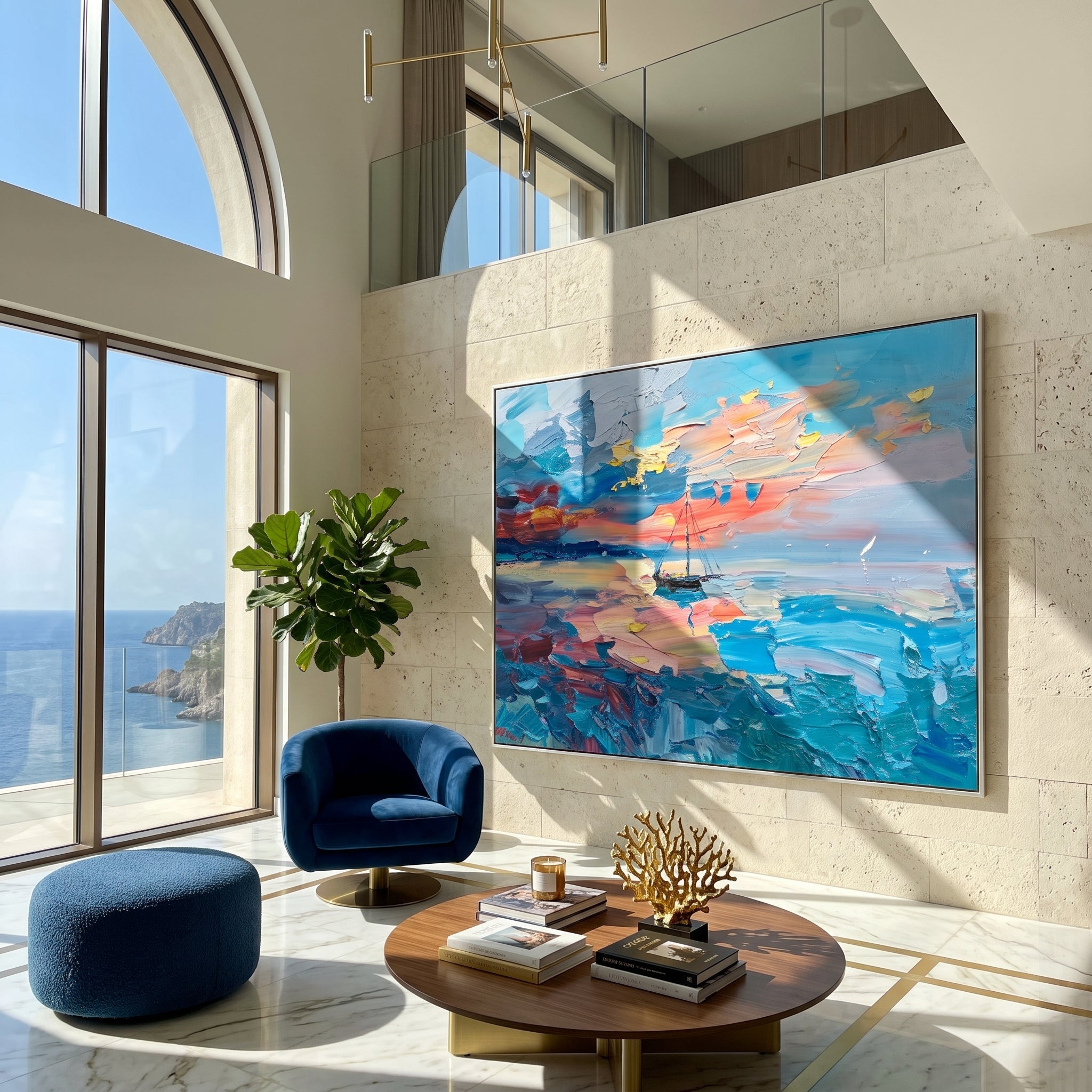 Teal and coral seascape canvas in a bright living room with ocean views
