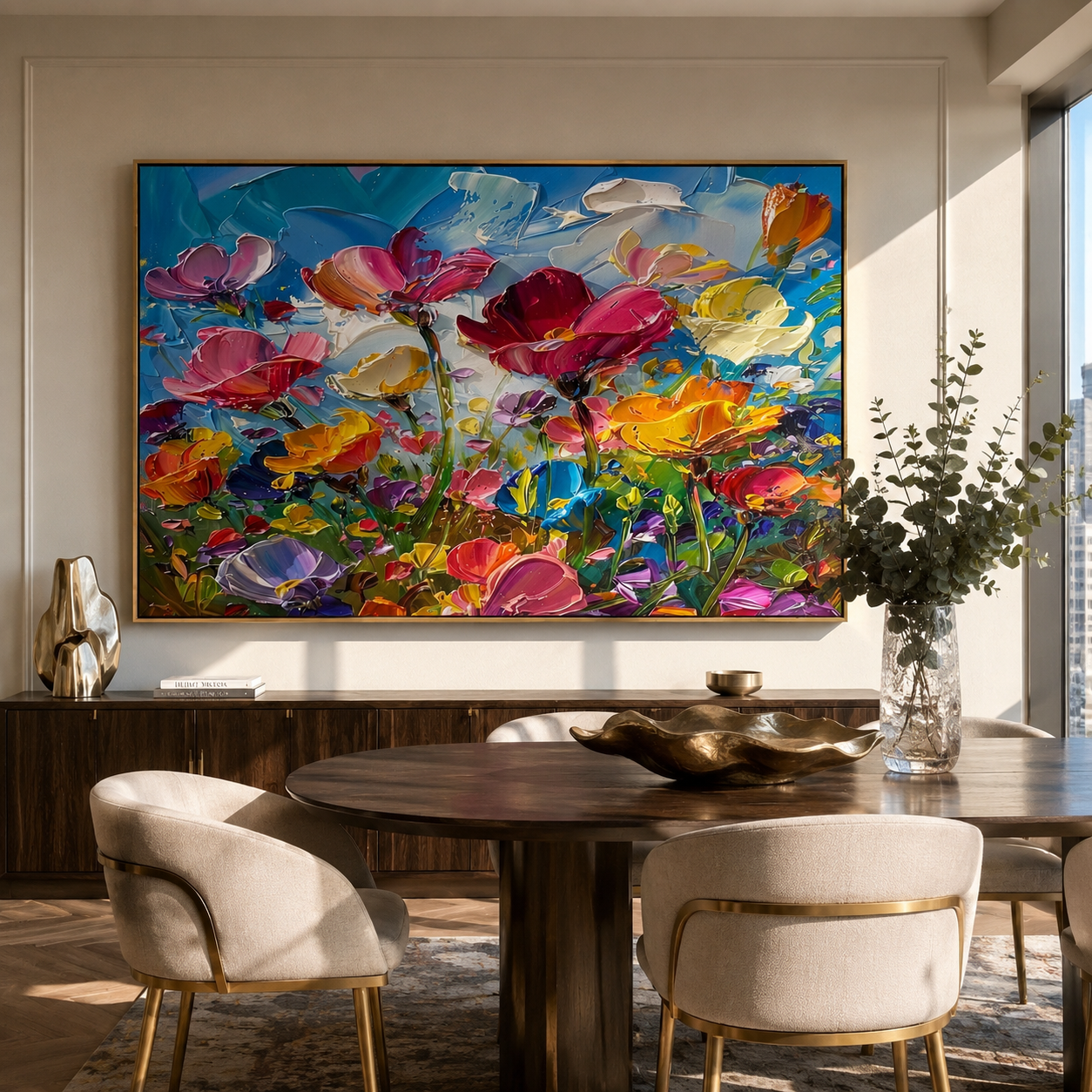 Rainbow Meadow Bloom – multicolor wildflower painting, horizontal hand-painted canvas art