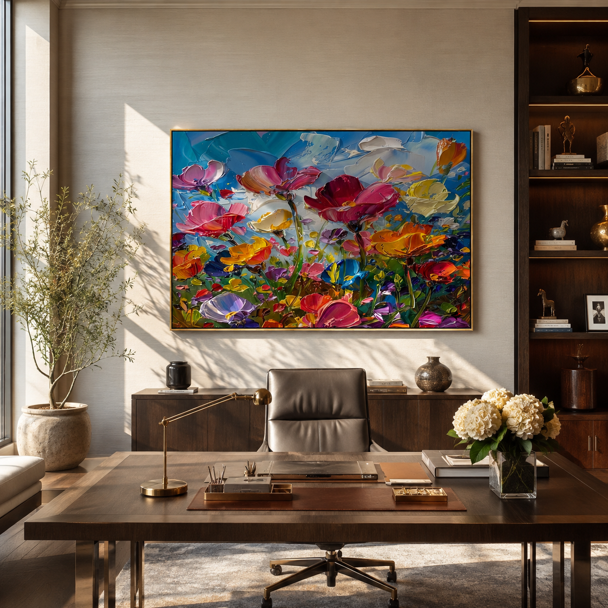 Vivid floral meadow painting displayed behind a desk in a home office