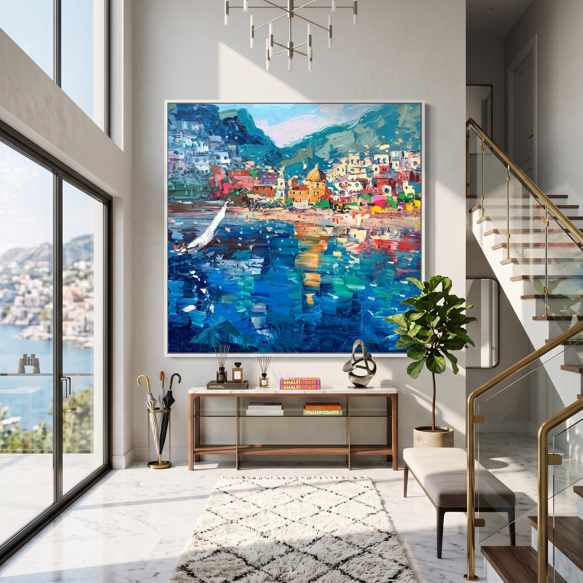 Golden poppy painting above a living room sofa with blue cushions