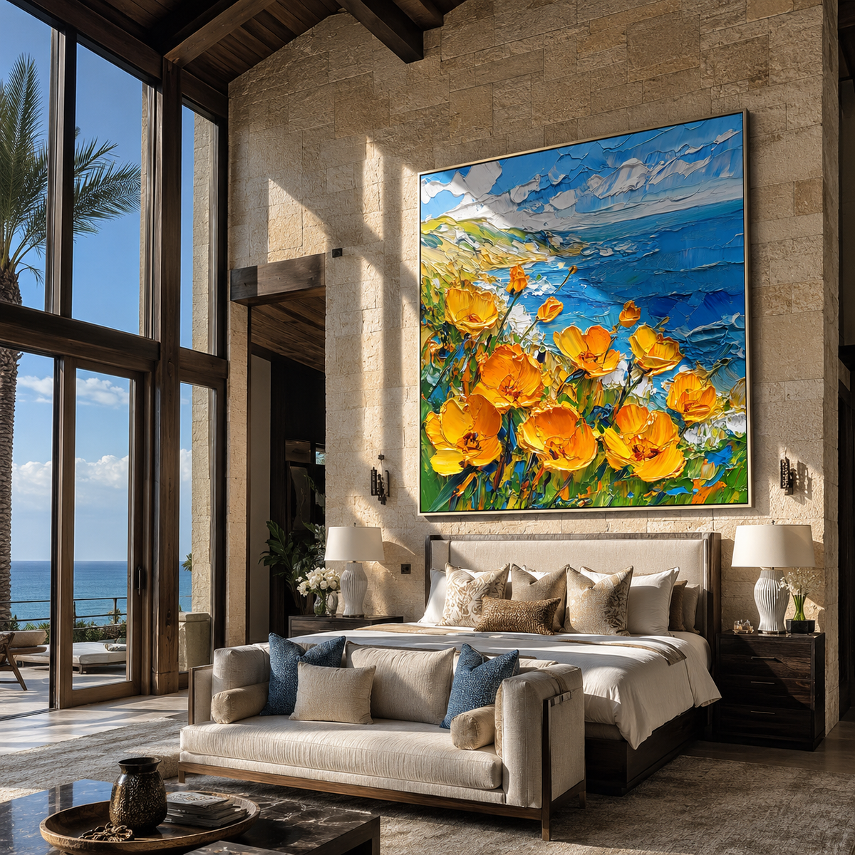 Orange and purple wildflower painting displayed above a dining table