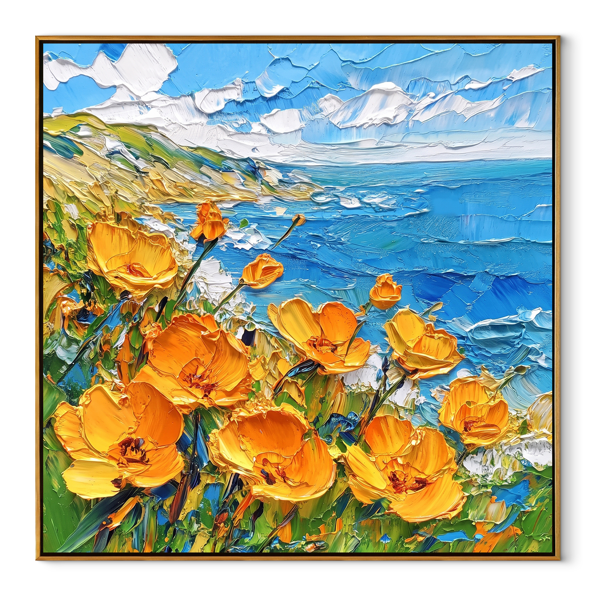 Wildflower Turquoise Cove painting in a wood frame on a white background