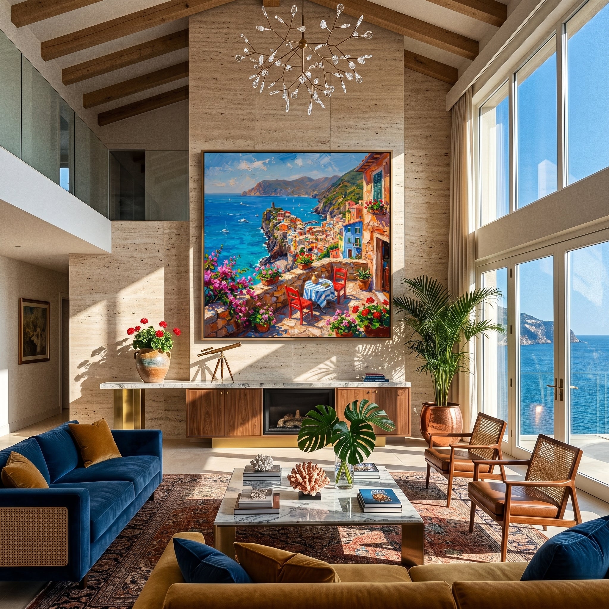 Textured terrace artwork hung above a console table in an entryway