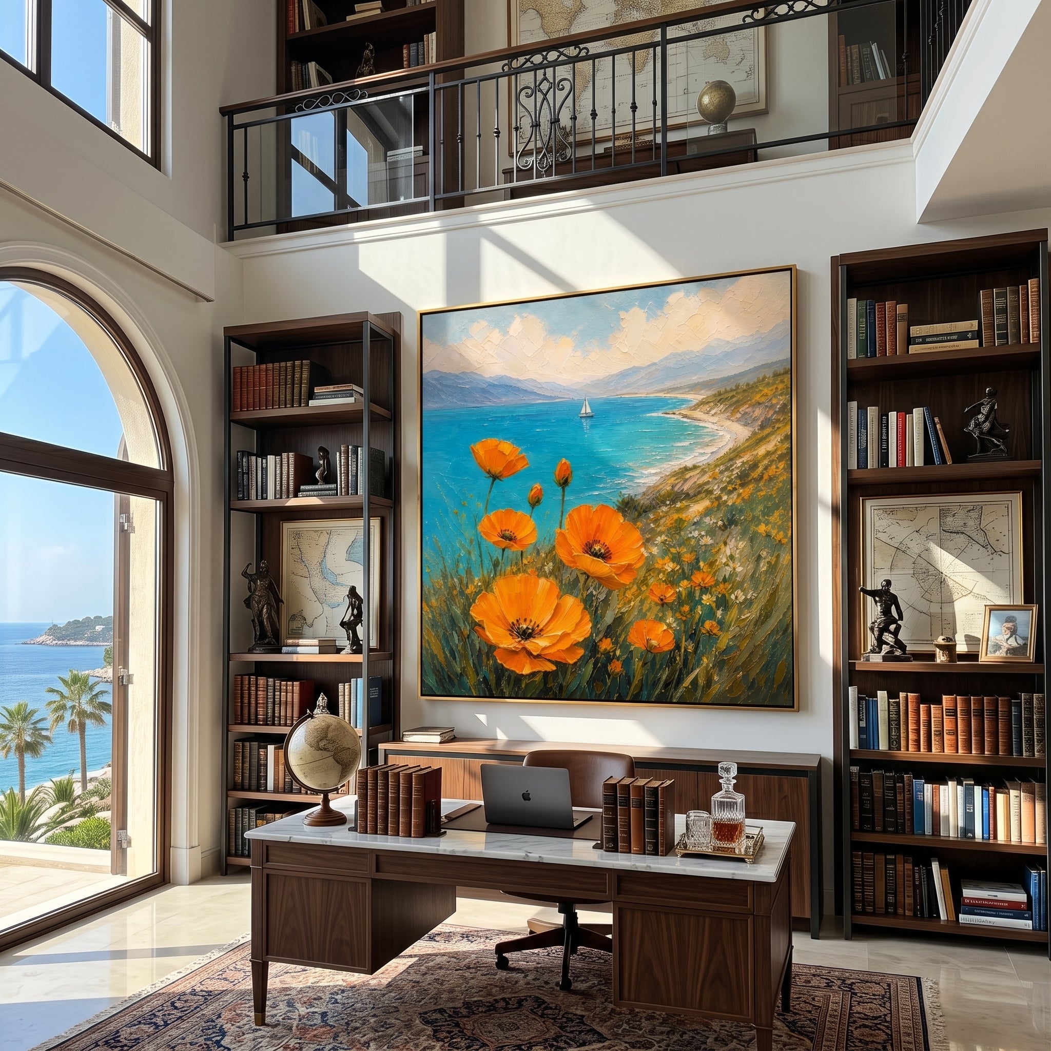 Sail Beyond Poppy Fields – orange and blue poppy meadow painting, square hand-painted canvas art