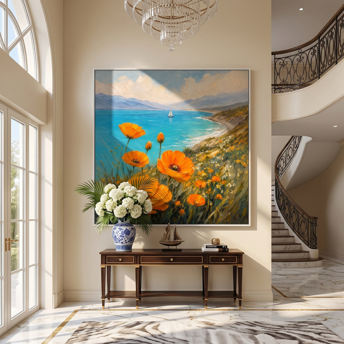 Poppy meadow canvas hung in a bright reading corner