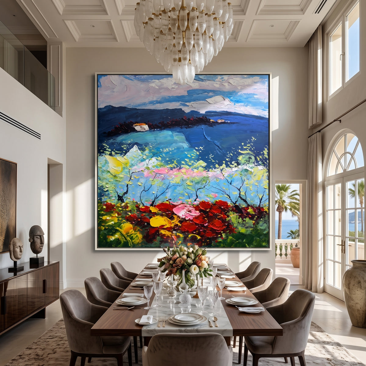 Twilight coastal canvas hung in a softly lit reading corner