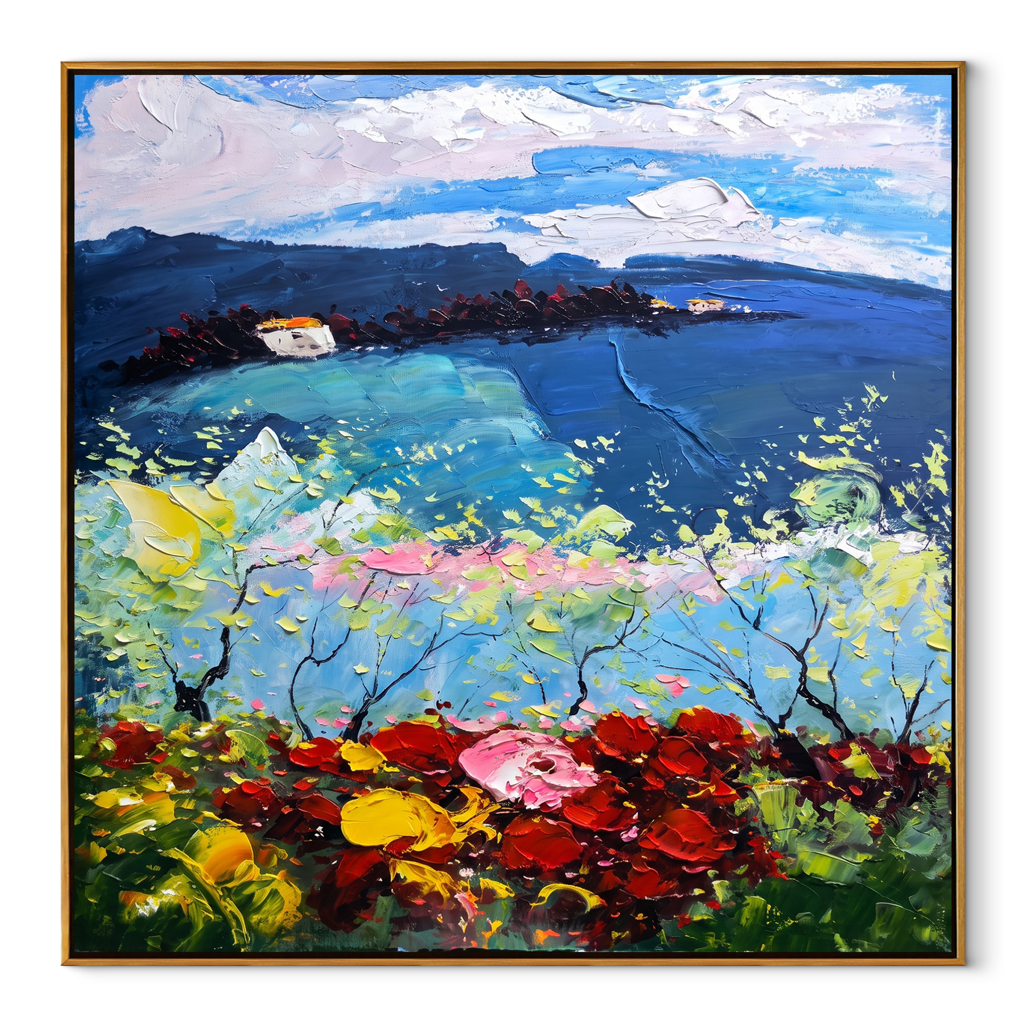 Twilight Blossom Coast painting in a wood frame on a white background