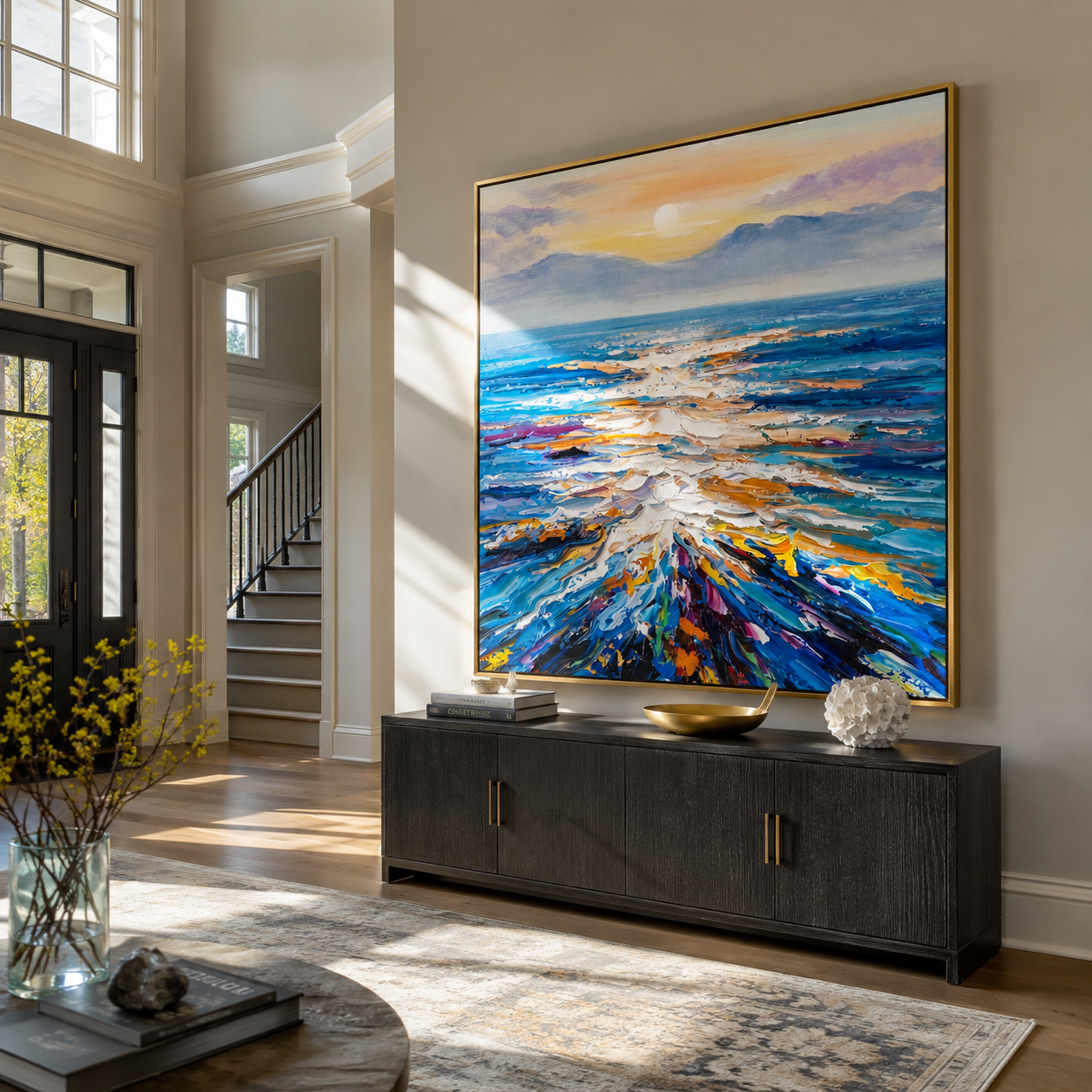 Sunset Tide Convergence – orange and purple abstract seascape painting, square hand-painted canvas art