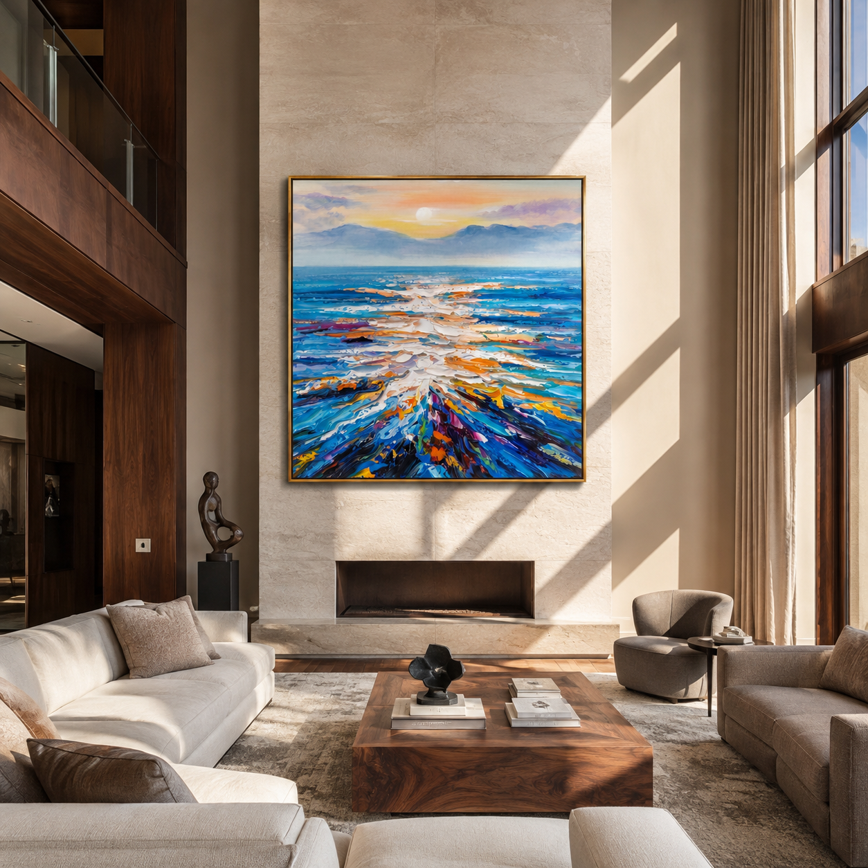 Abstract seascape painting above a home office desk