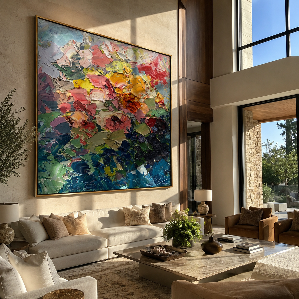 Textured abstract floral canvas displayed above a bedroom headboard with neutral bedding