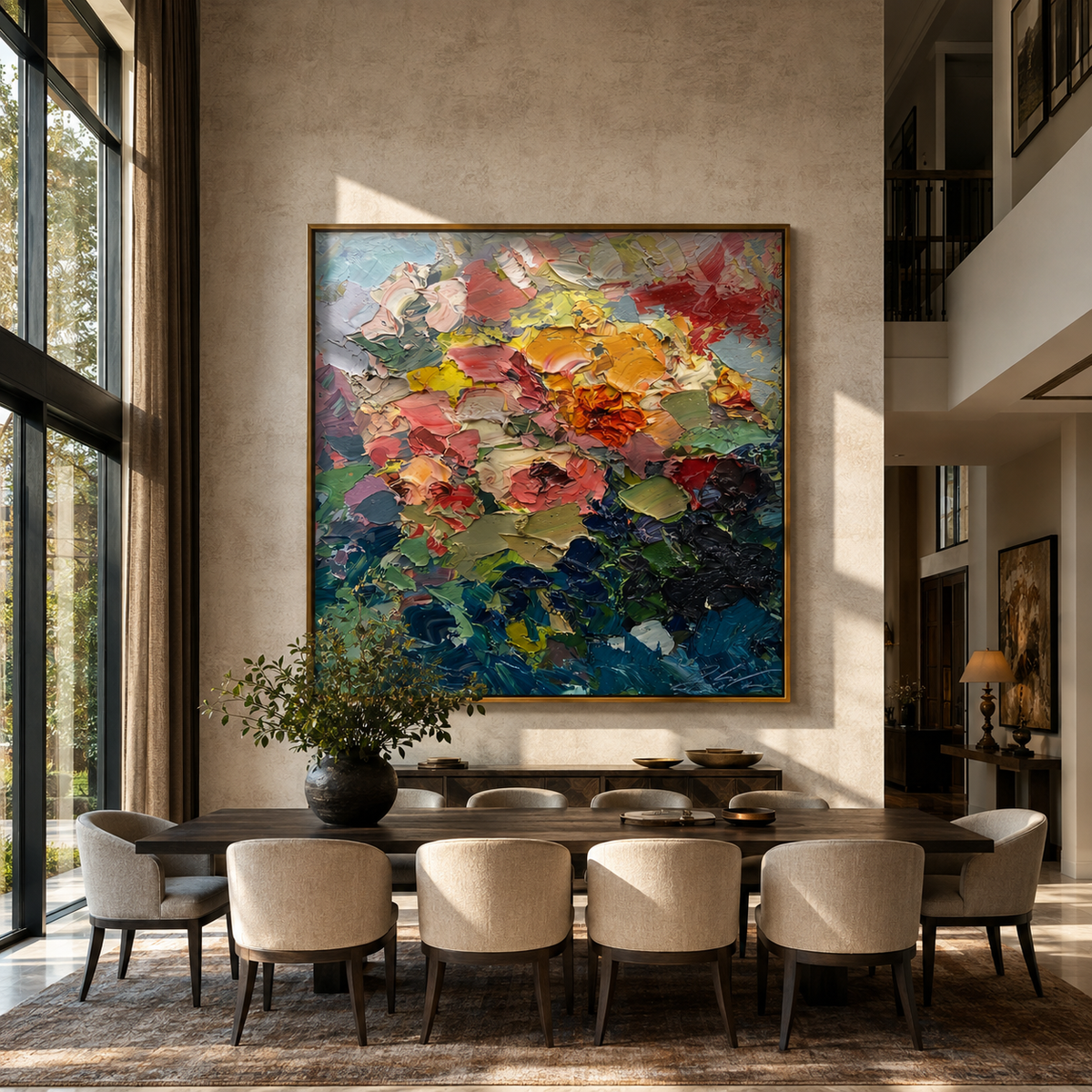 Bold floral canvas hung above a dining room sideboard with upholstered chairs