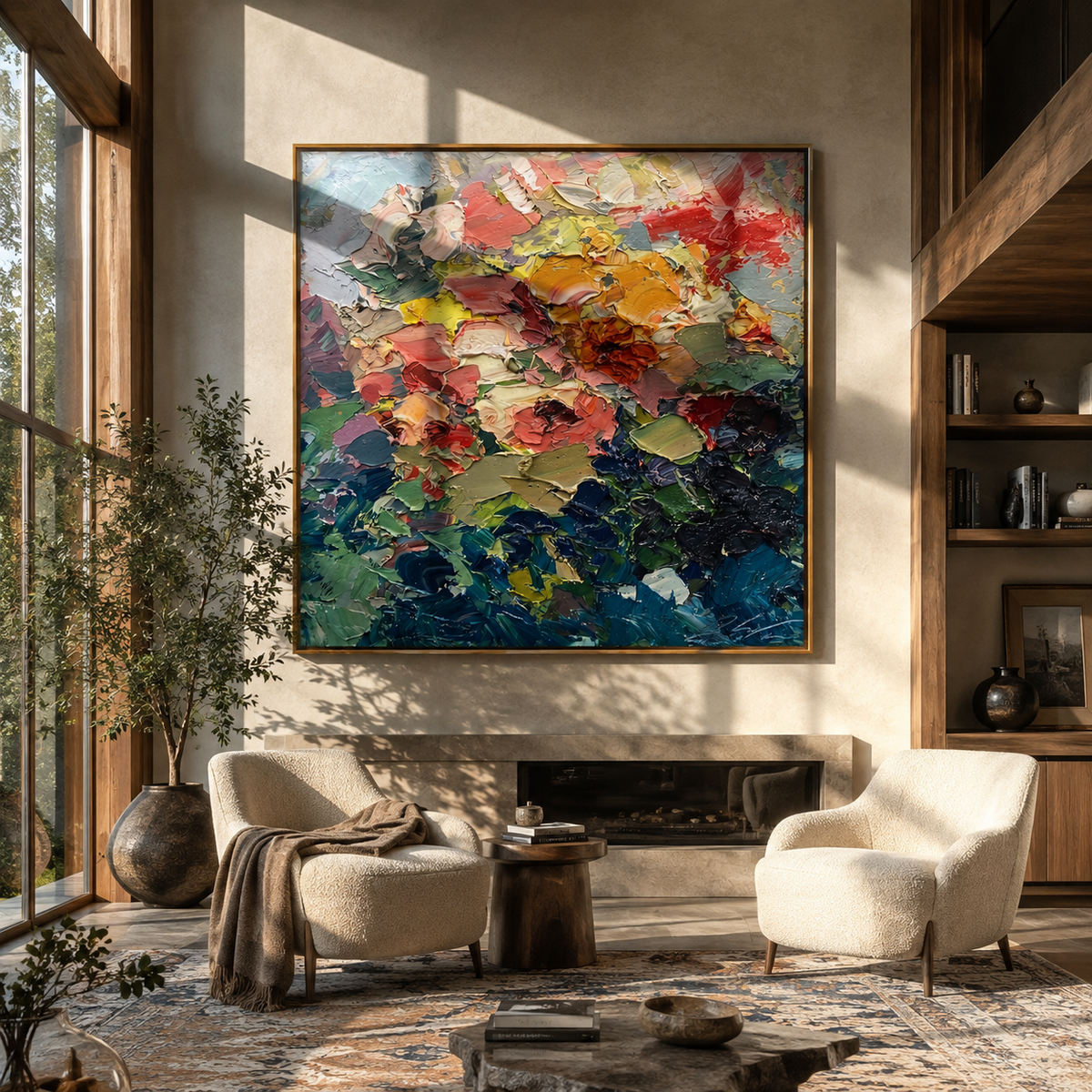 Framed abstract floral artwork in a warm-toned bedroom with wood nightstands