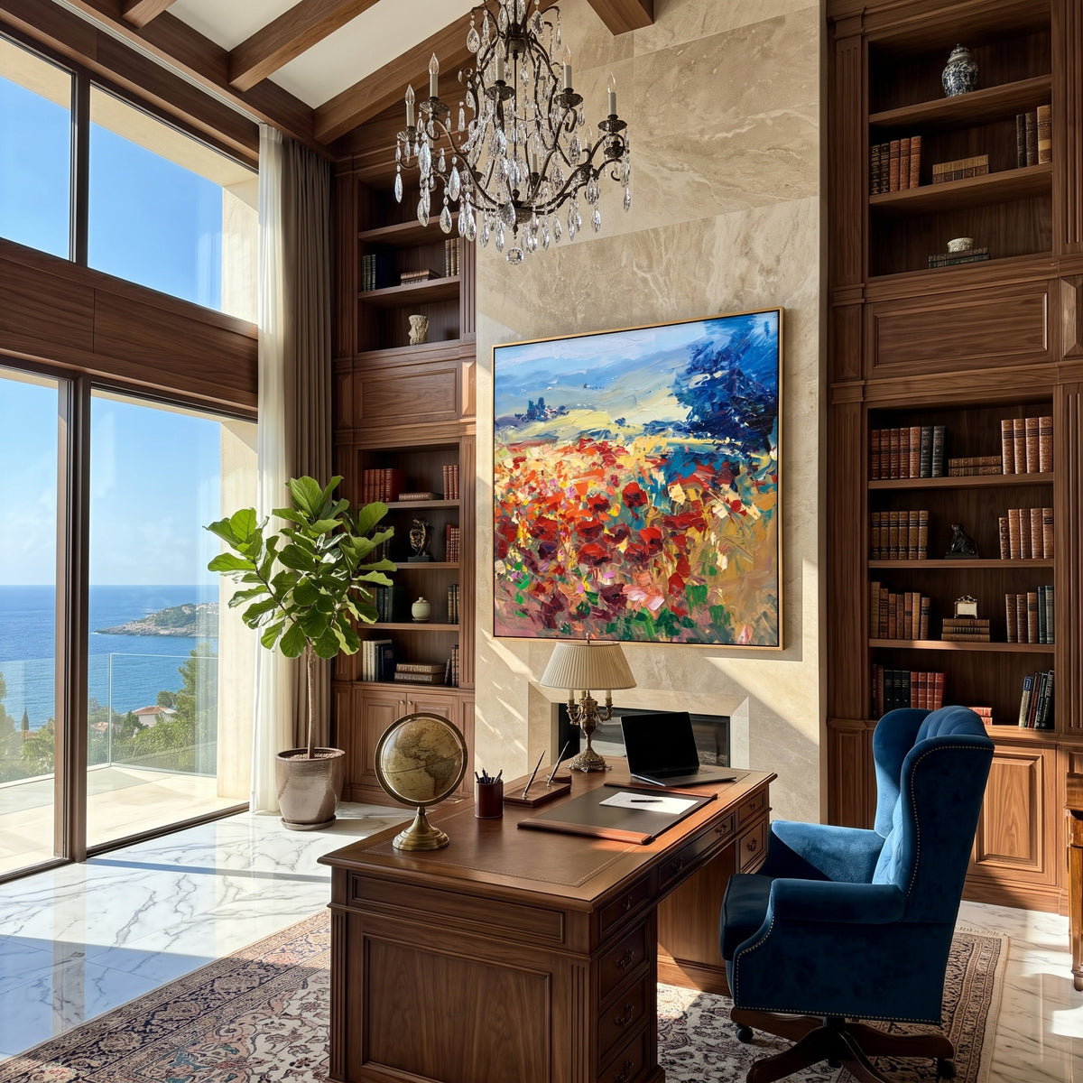 Abstract poppy field canvas displayed above a dining table with ocean view