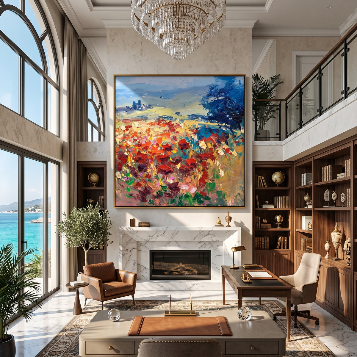 Amber and blue poppy field painting displayed in a home library office