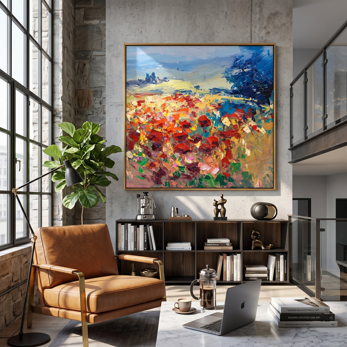 Abstract landscape painting displayed in an industrial-style loft office