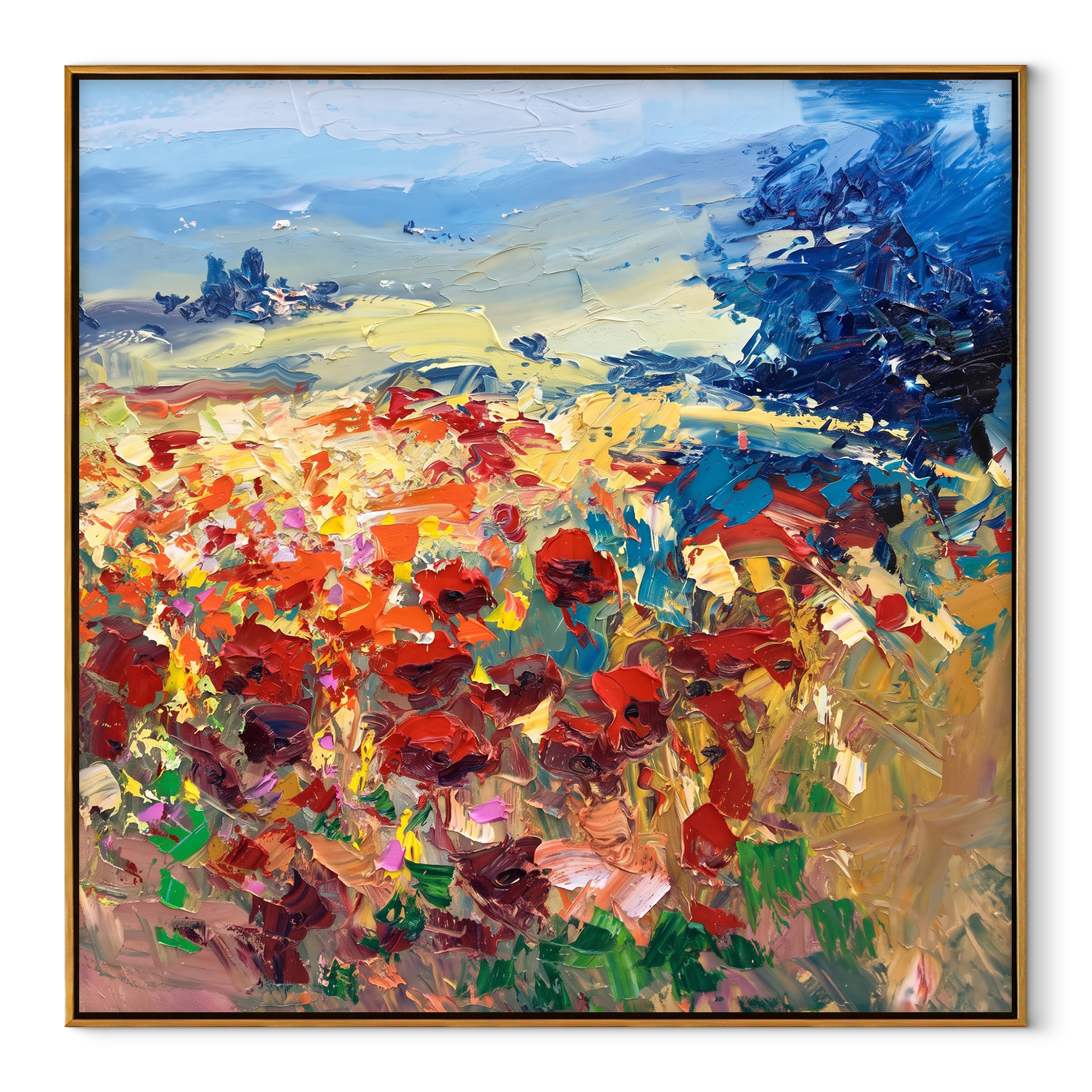 Amber Poppy Horizon painting in a wood frame on a white background