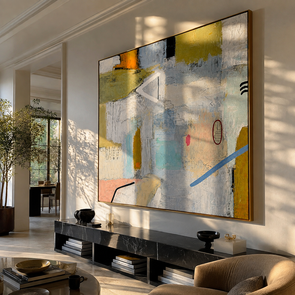 Quiet Studio Fragments – neutral geometric abstract painting, square hand-painted canvas art