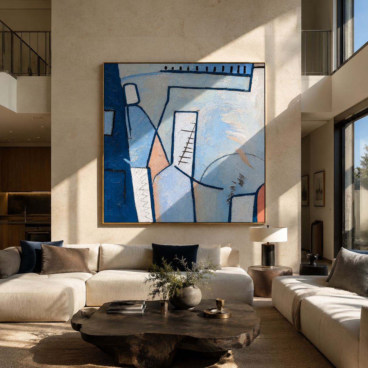 Blue geometric cubist painting displayed above a bedroom bed
