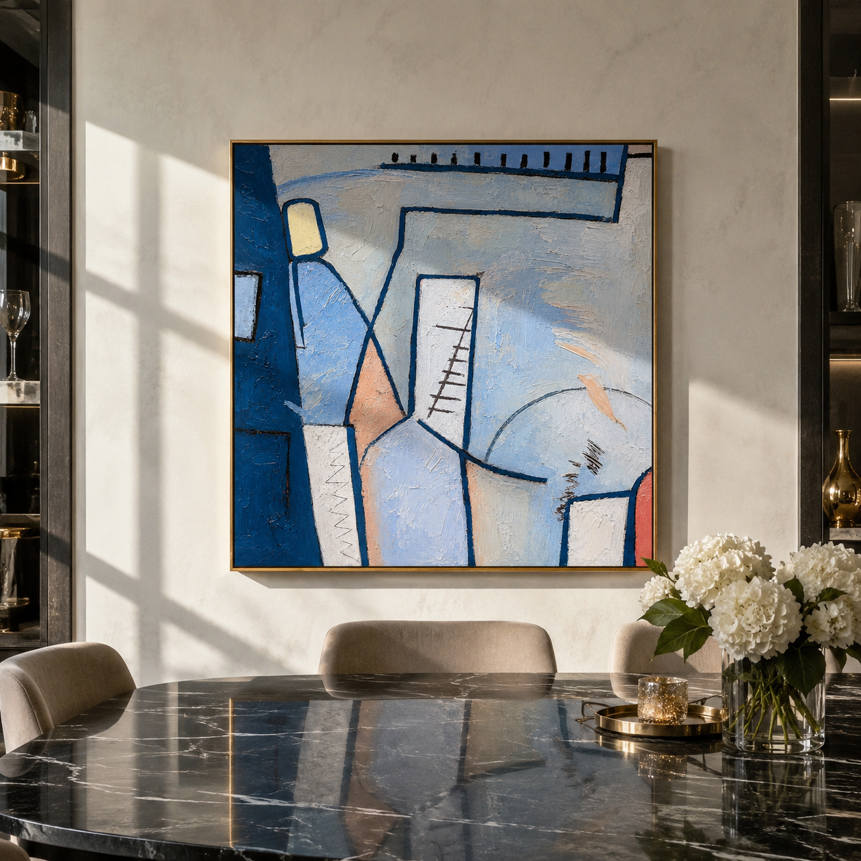 Square blue cubist abstract canvas hung beside a bedroom mirror
