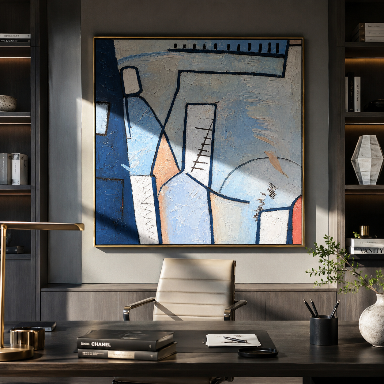 Blue Cubist Passage painting shown in a reading corner