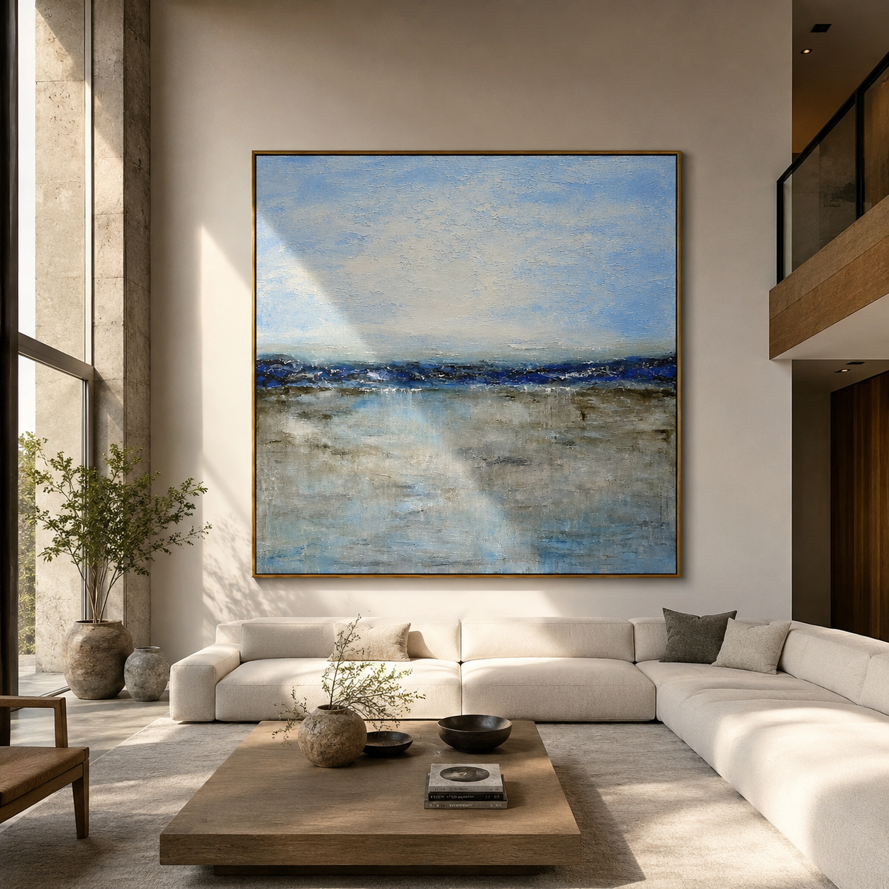 Minimalist blue horizon painting displayed above a bedroom bed