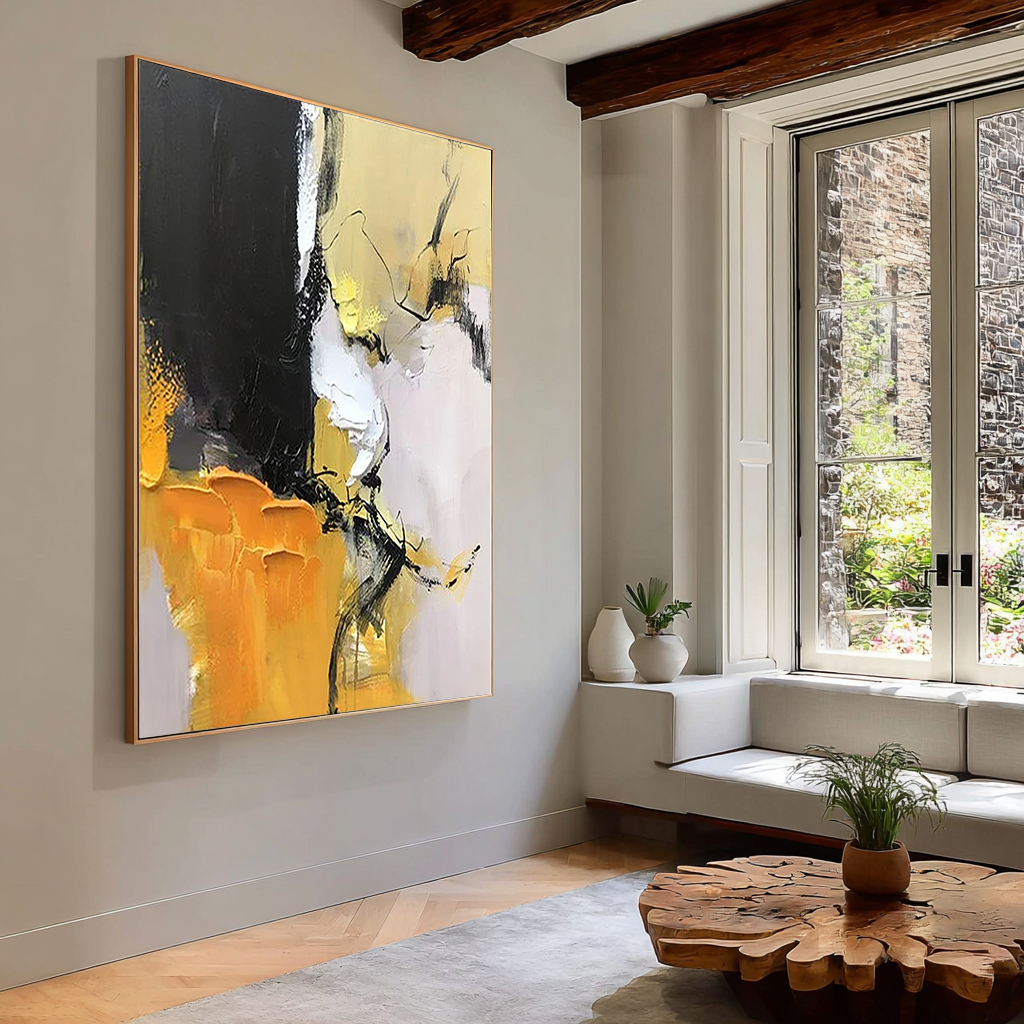 Amber Energy – Hand-Painted Bold Yellow and Black Palette Knife Abstract Painting | Bold Abstract Palette Knife Living Room Art