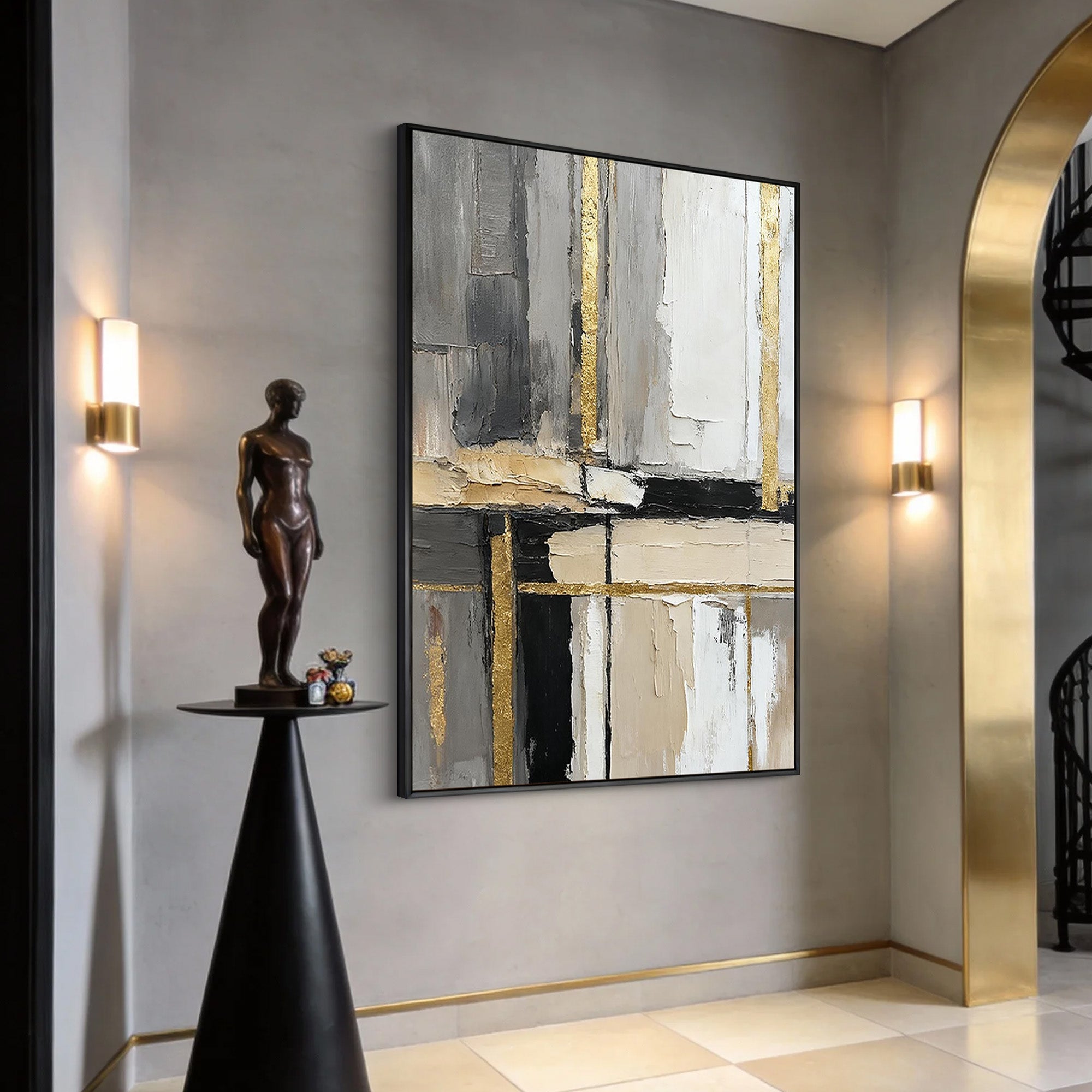 Golden Urban – Hand-Painted Minimalist Grey and Gold Foil Line Abstract Painting | Modern Minimalist Bedroom & Home Office Art