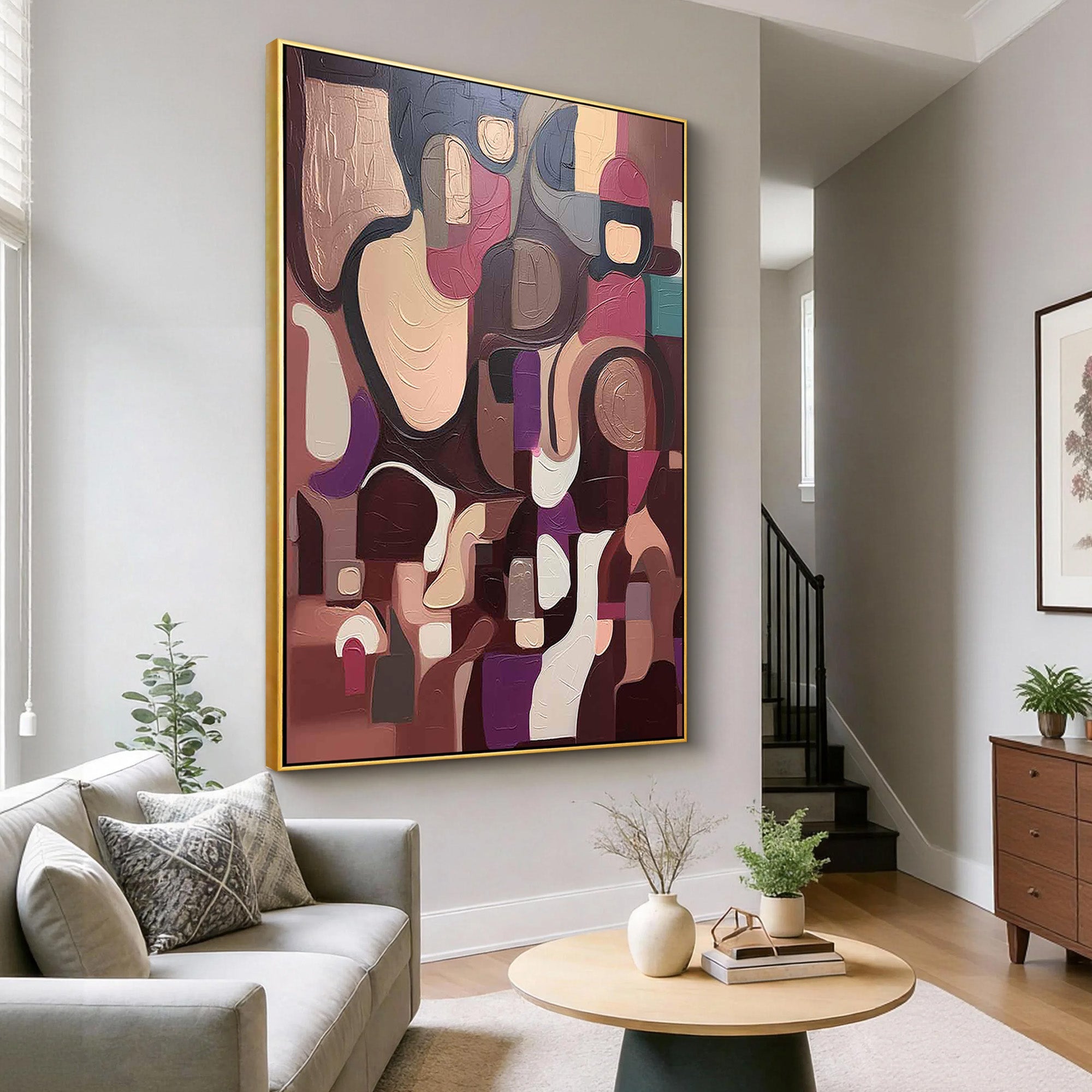 Mauve Mosaic – Hand-Painted Burgundy and Mauve Geometric Cubist Abstract Painting | Modern Abstract Living Room & Office Art