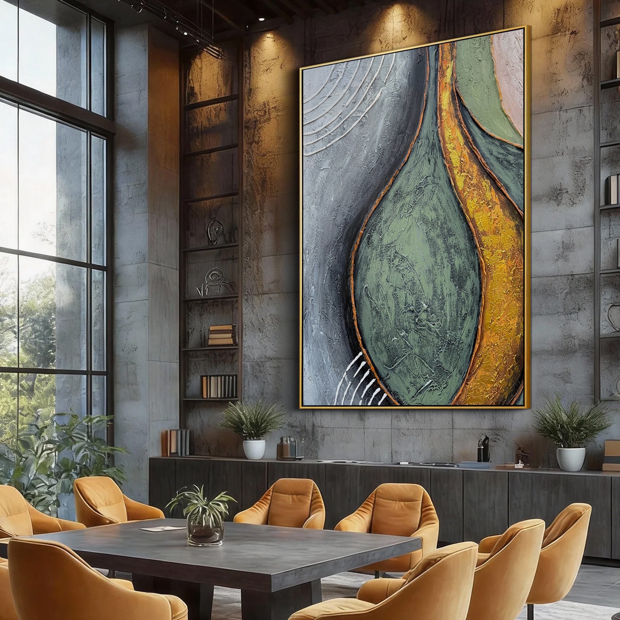 Organic Curve – Hand-Painted Sage Green and Gold Foil Palette Knife Abstract Painting | Modern Abstract Living Room & Office Art