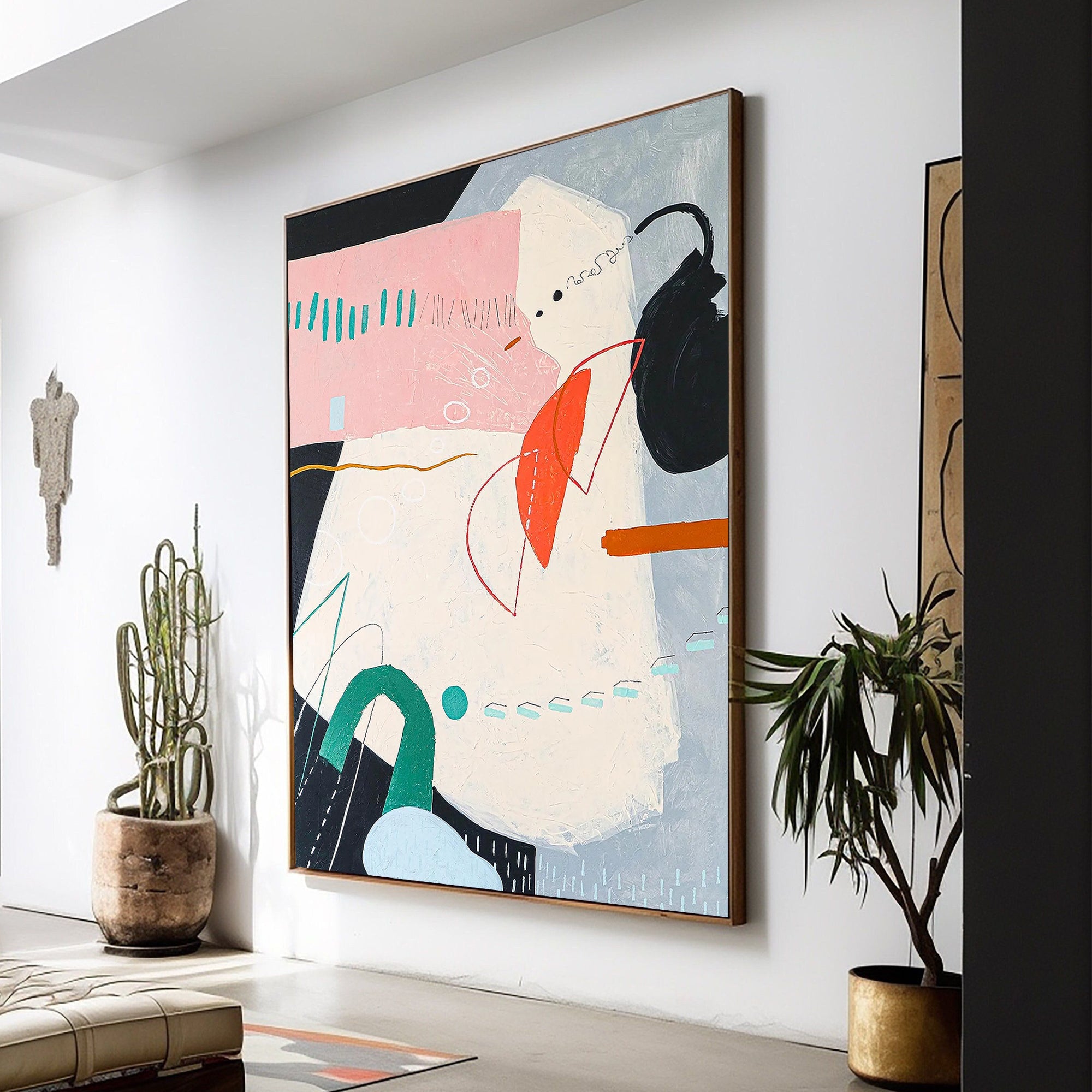 Pastel Geometric – Hand-Painted Soft Pink and Teal Geometric Shapes Abstract Painting | Modern Abstract Living Room & Office Art