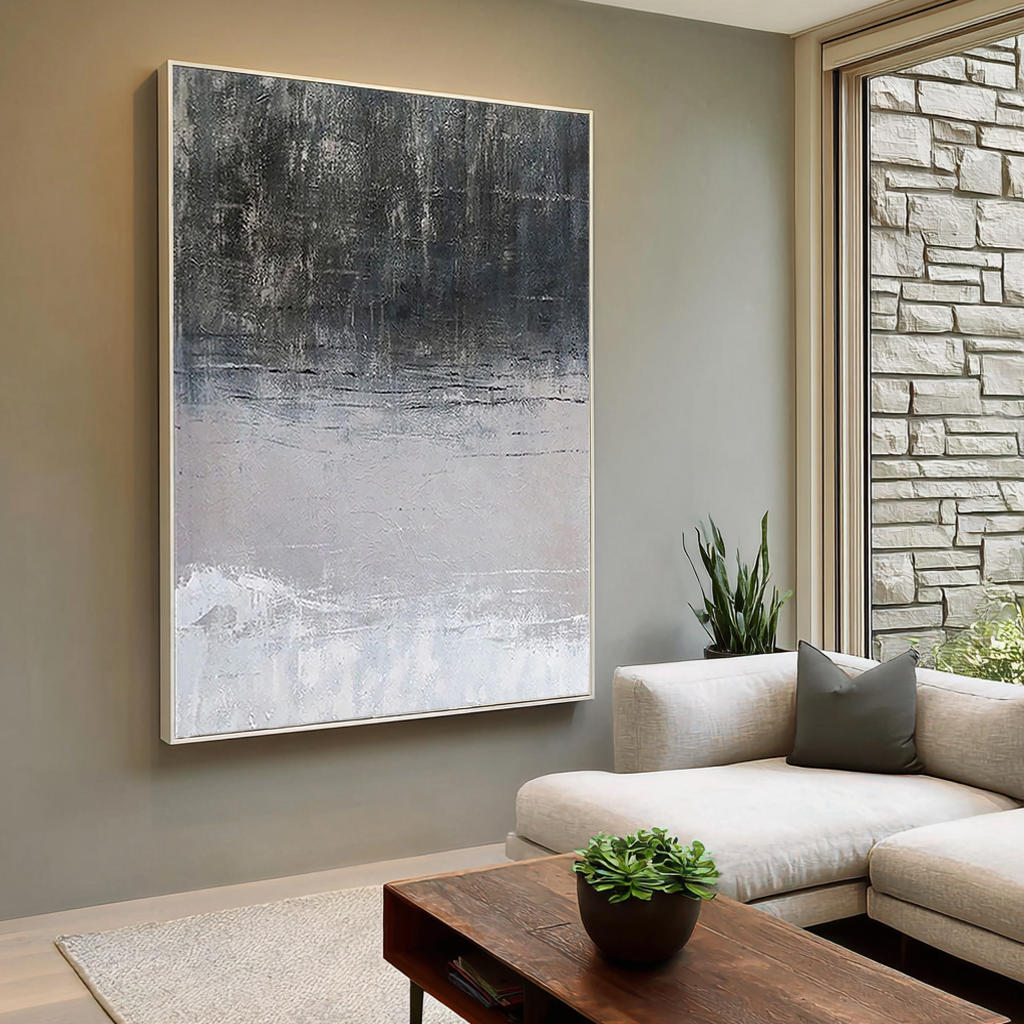 Grey Echo – Minimalist Textured Monochromatic Canvas Wabi-Sabi Painting | Japandi Wabi-Sabi Living Room & Bedroom Art