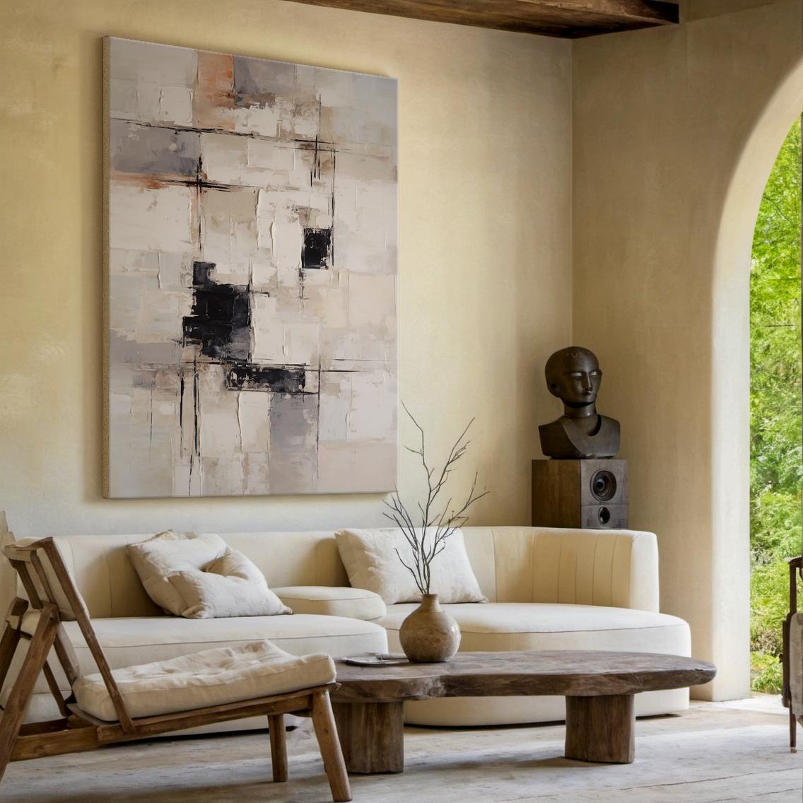 Urban Geometry – Hand-Painted Modern Neutral Palette Knife Block Textured Oil Abstract Painting | Modern Abstract Living Room & Office Art