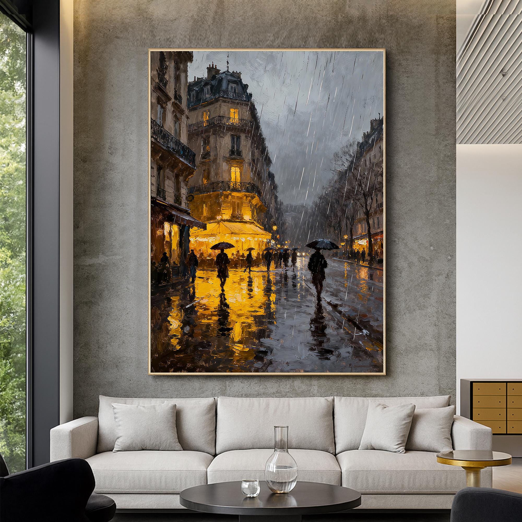 Raindrop Glow – Romantic Cityscape Oil Impressionist Painting | Contemporary Expressionist Living Room & Office Art