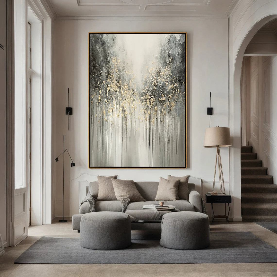 Golden Rain – Abstract Grey & Gold Drip Relief Texture Painting | Modern Abstract Living Room & Office Art