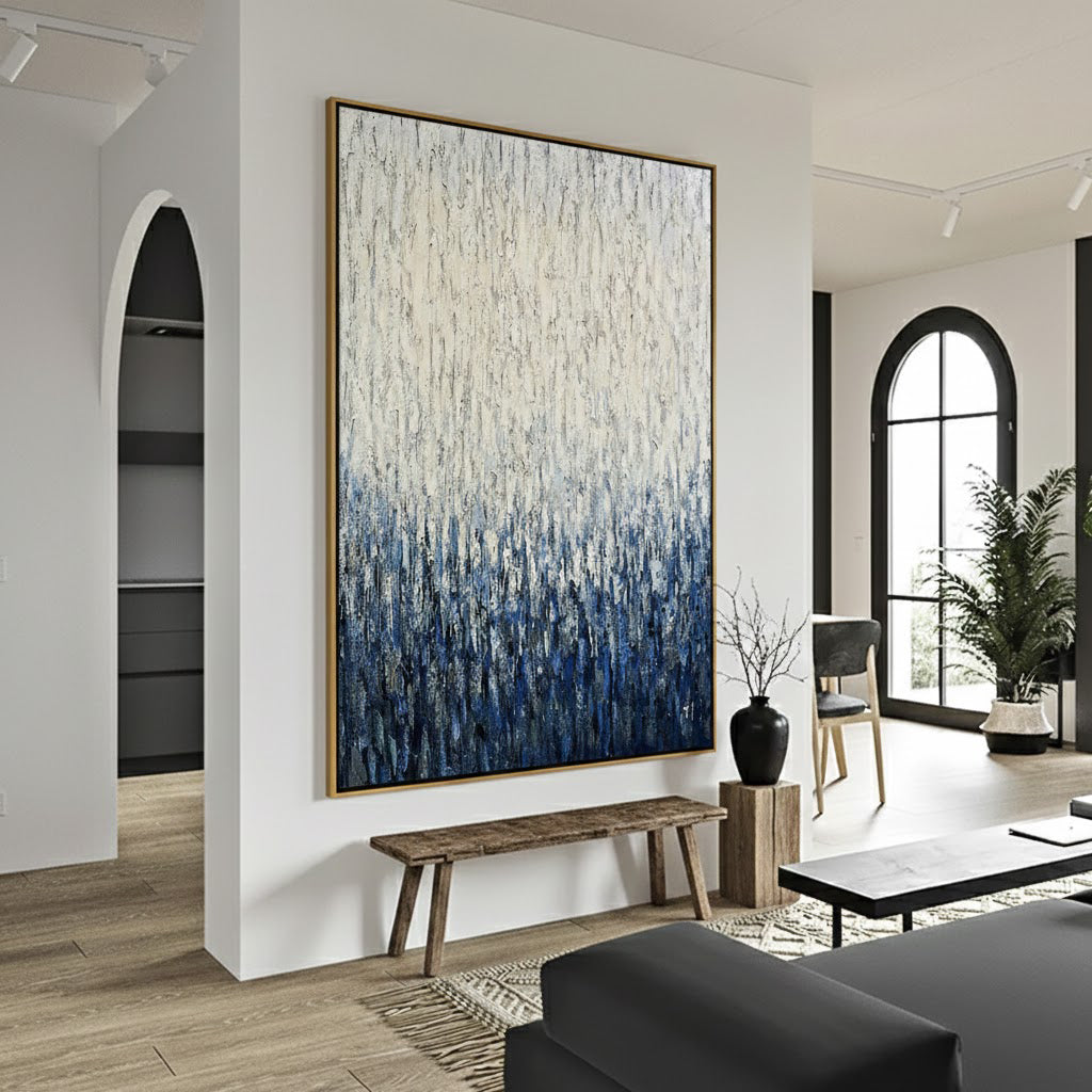 Azure Rain – 3D Heavy Texture Blue & White Pointillism Relief Abstract Painting | Modern Abstract Living Room & Office Art