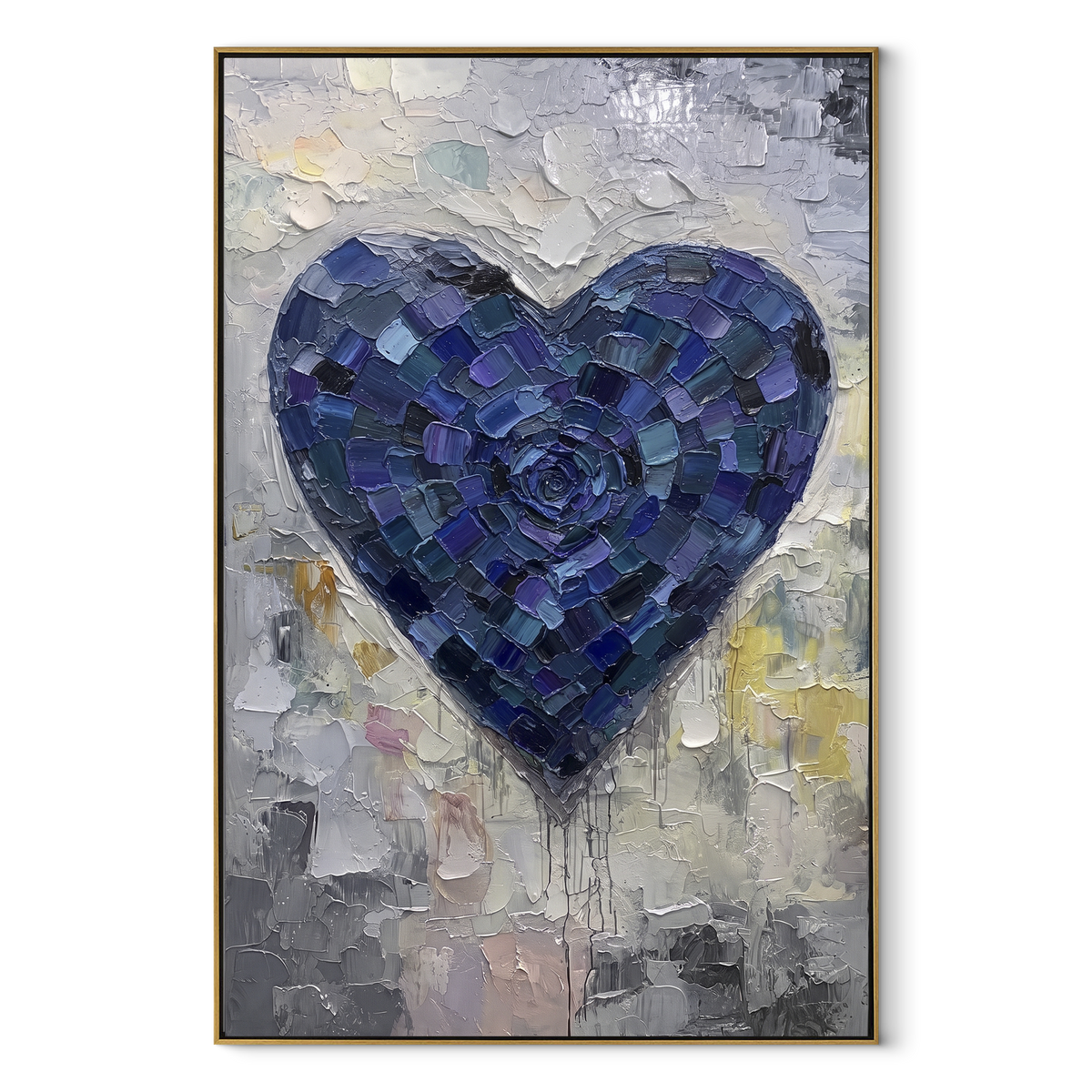 Indigo Heart Beneath Silver Rain – blue textured heart painting, wood frame on white background