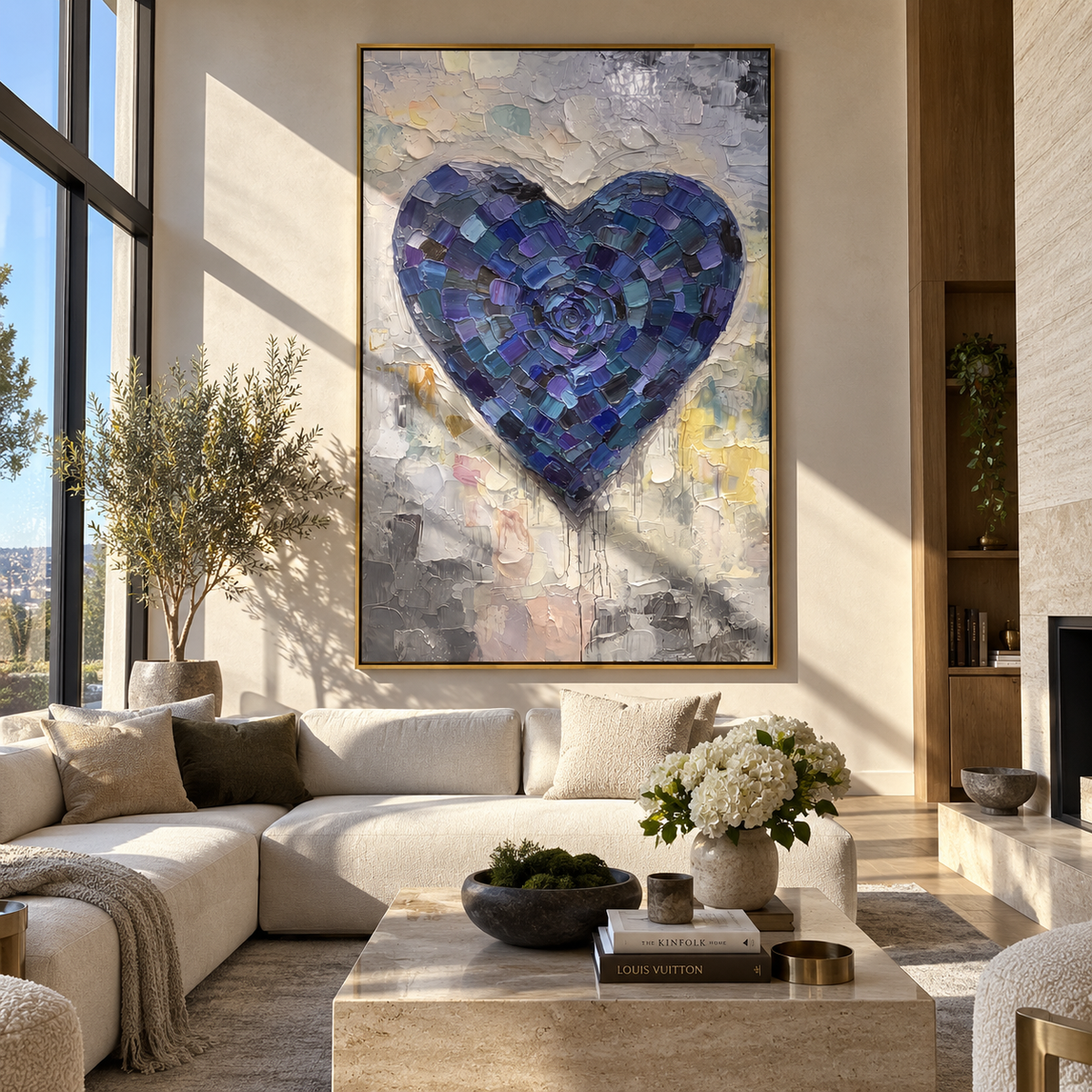 Indigo Heart Beneath Silver Rain – blue textured heart painting, displayed beside a sunlit sitting area