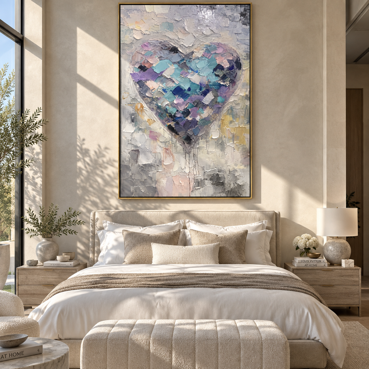 Lavender Heart Meets Pale Light – pastel textured heart painting, displayed above a softly layered bed