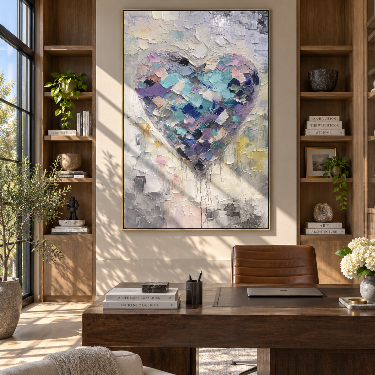 Lavender Heart Meets Pale Light – pastel textured heart painting, displayed beside a built-in bookcase