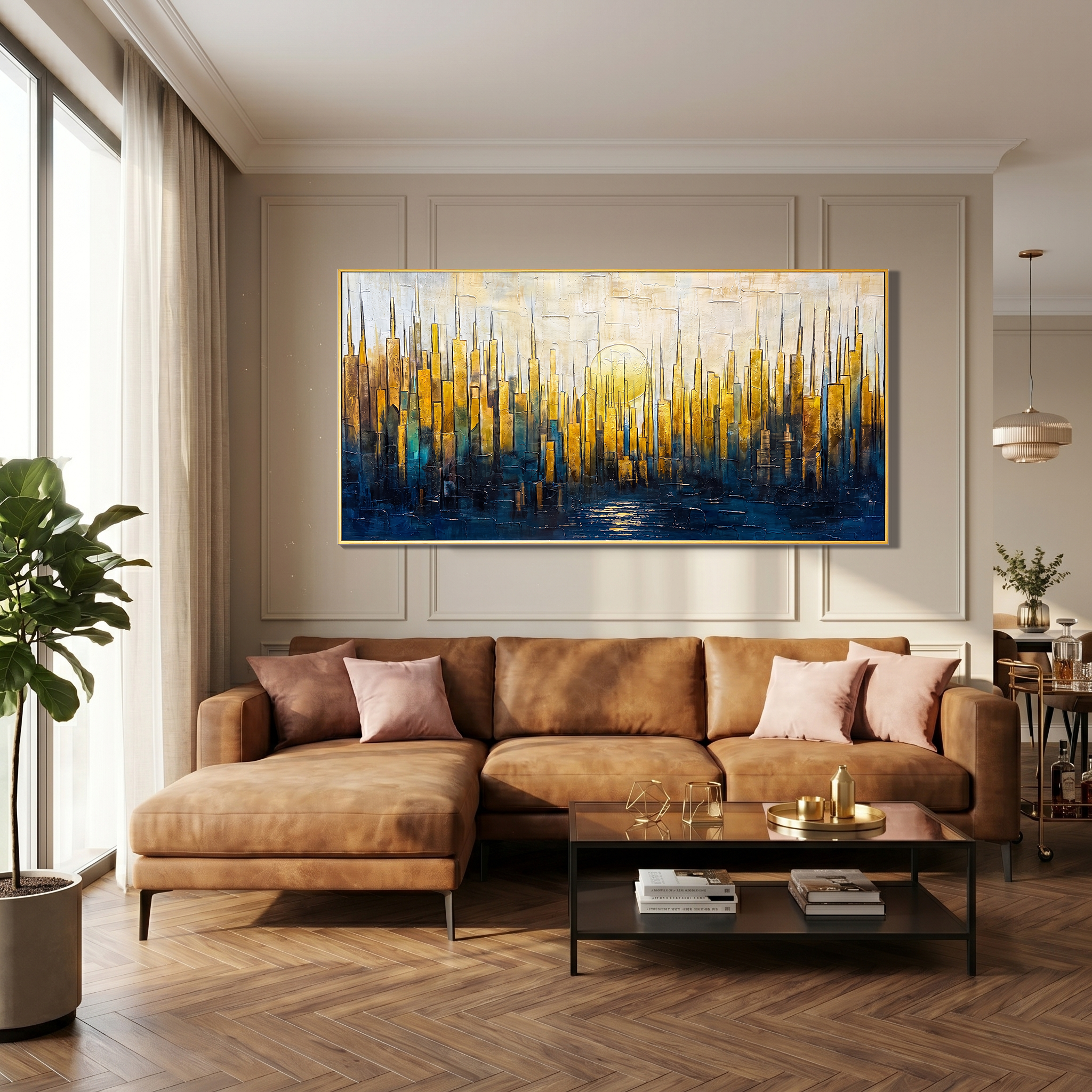 Golden Metropolis – Modern Abstract Gold and Blue Impasto Cityscape | Luxury Living Room Wall Art