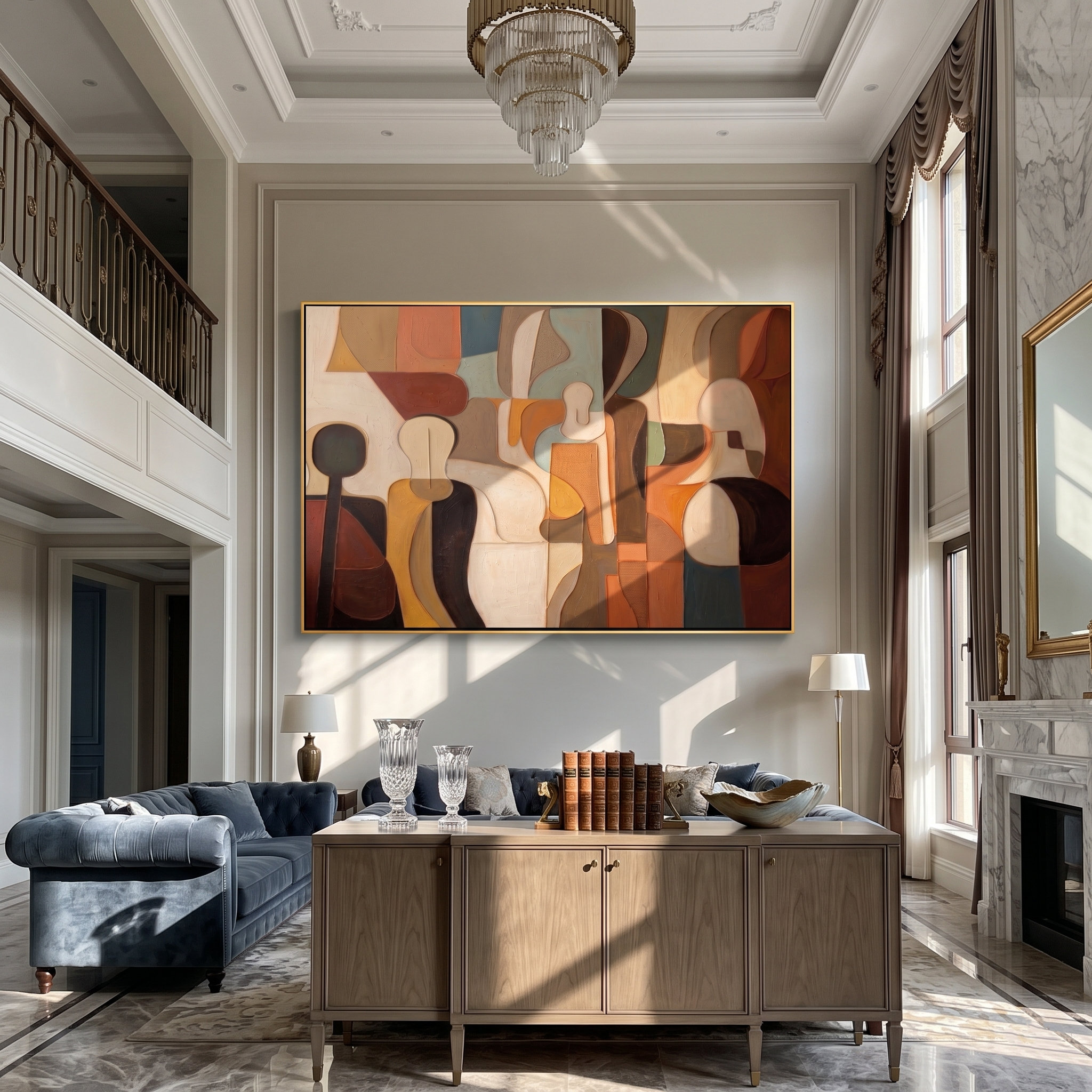 The Gathering Form – Earth-Tone Abstract Cubist Painting | Mid-Century Modern Living Room Art