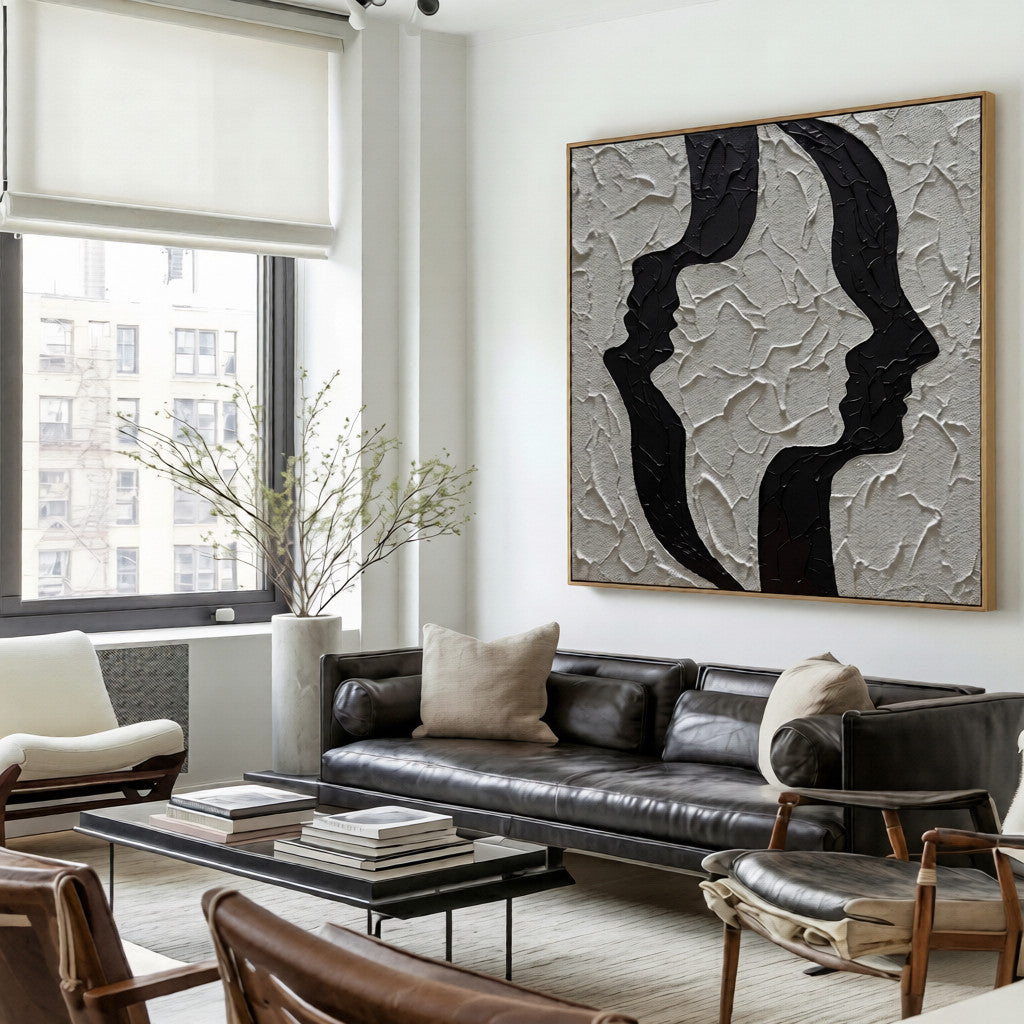 Twin Souls – Hand-Painted Black and White Face Silhouette 3D Plaster Effect Abstract Painting | Industrial Abstract Home Office & Living Room Art